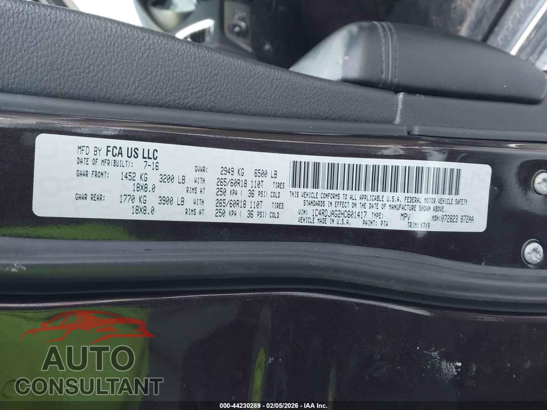 DODGE DURANGO 2017 - 1C4RDJAG2HC601417