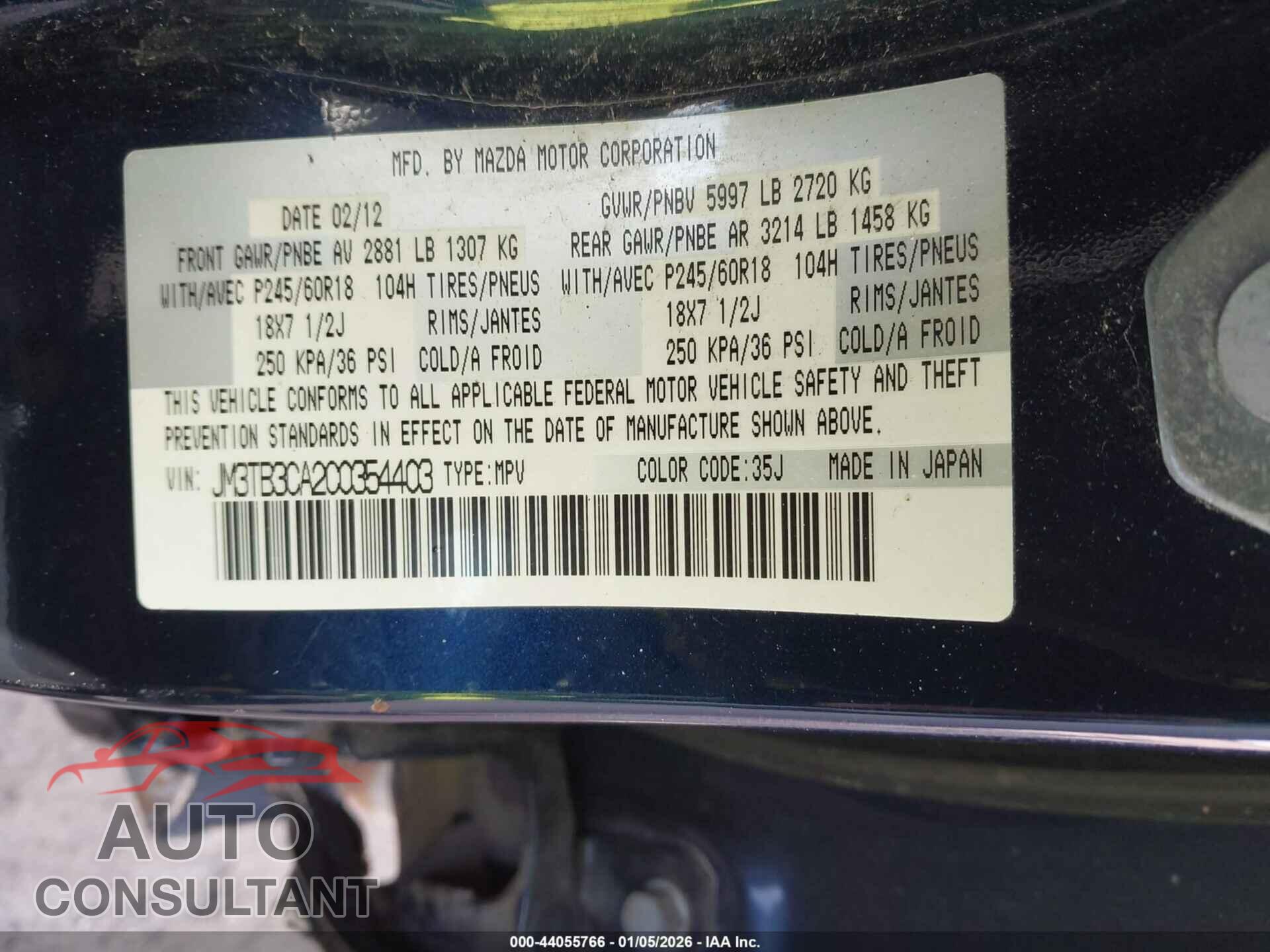 MAZDA CX-9 2012 - JM3TB3CA2C0354403