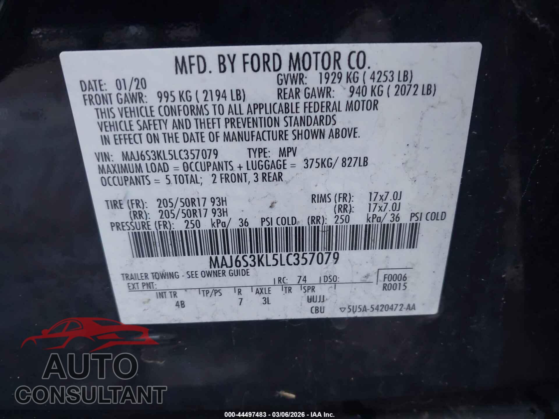 FORD ECOSPORT 2020 - MAJ6S3KL5LC357079