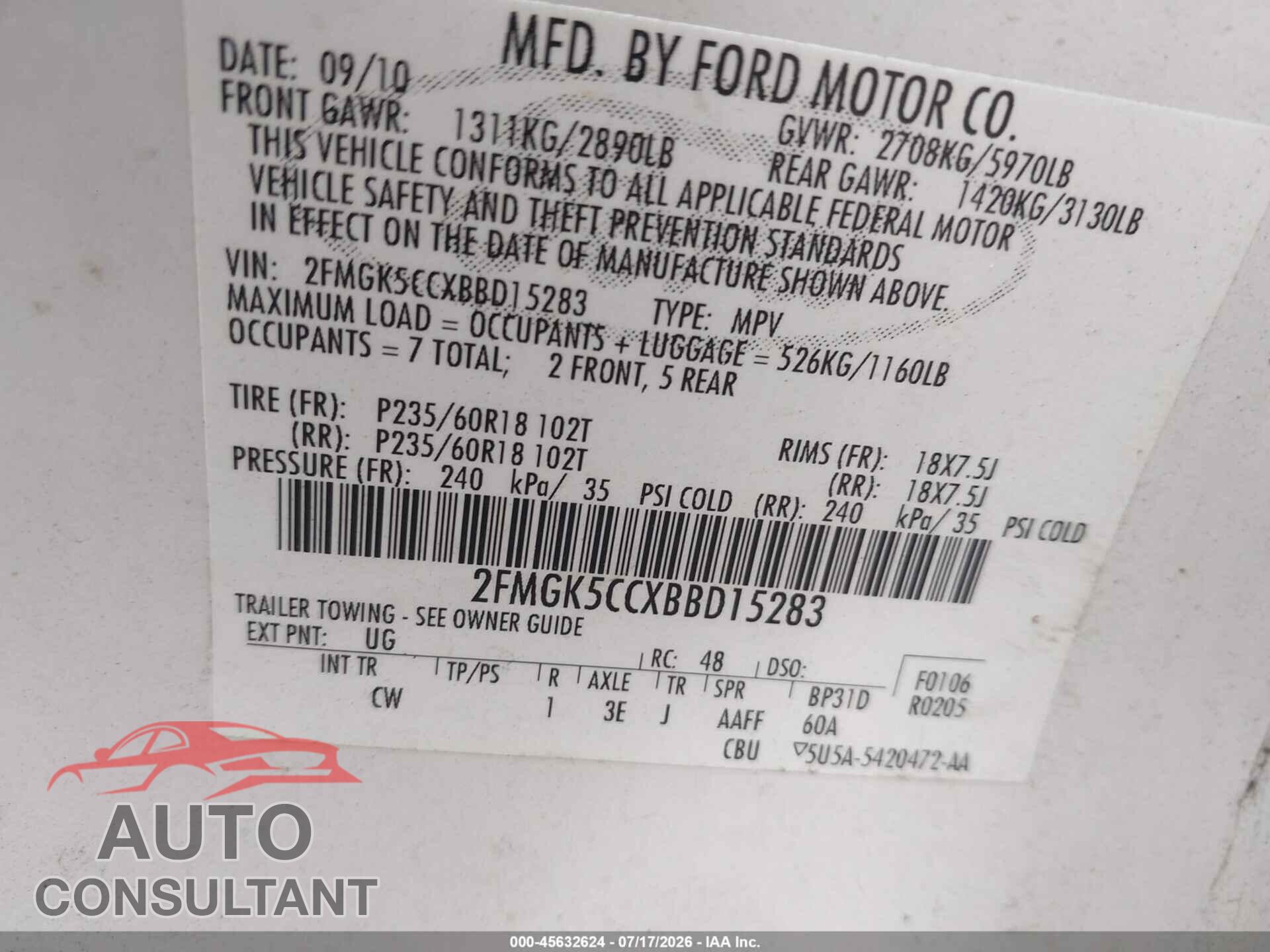 FORD FLEX 2011 - 2FMGK5CCXBBD15283