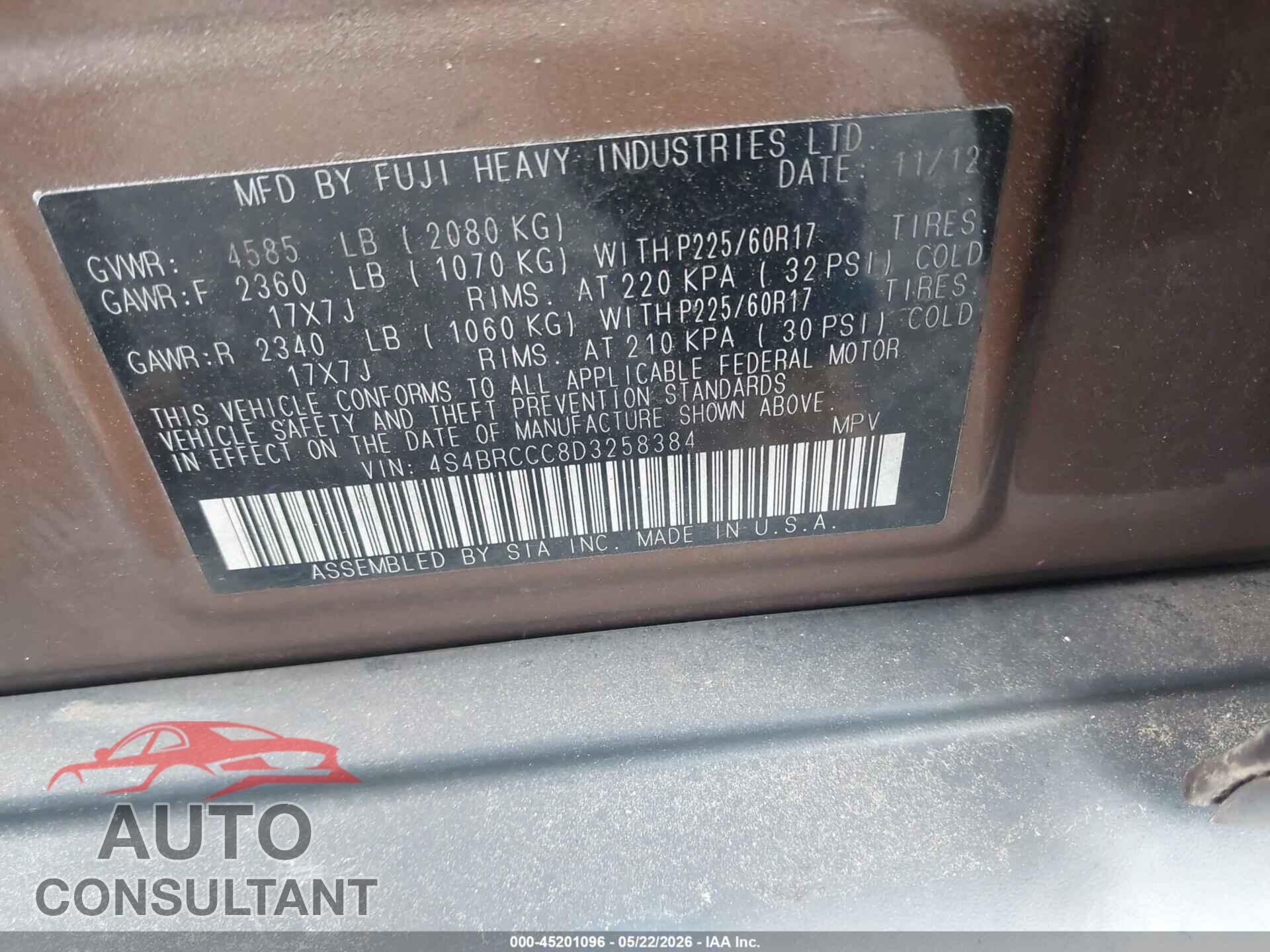 SUBARU OUTBACK 2013 - 4S4BRCCC8D3258384