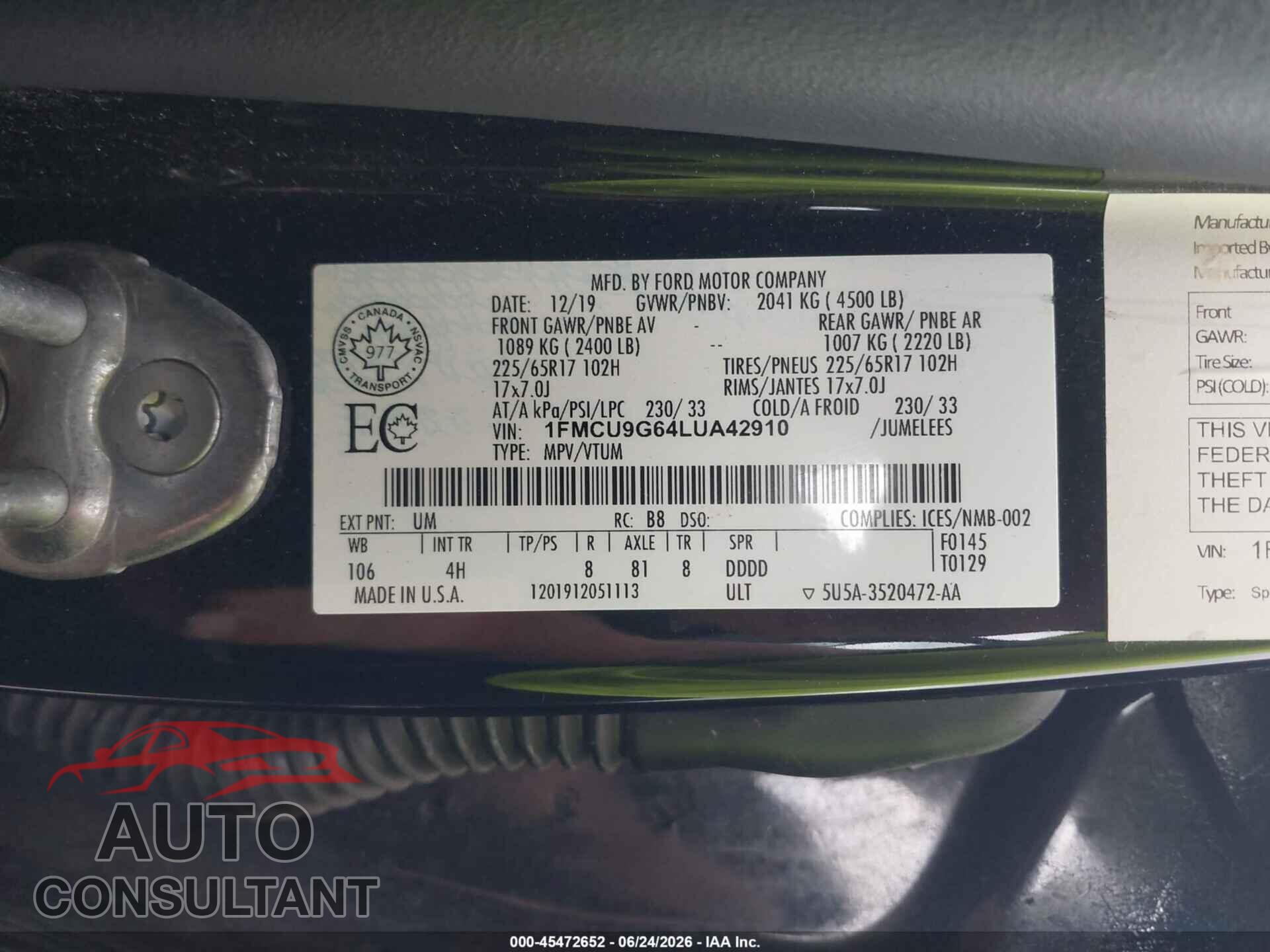 FORD ESCAPE 2020 - 1FMCU9G64LUA42910