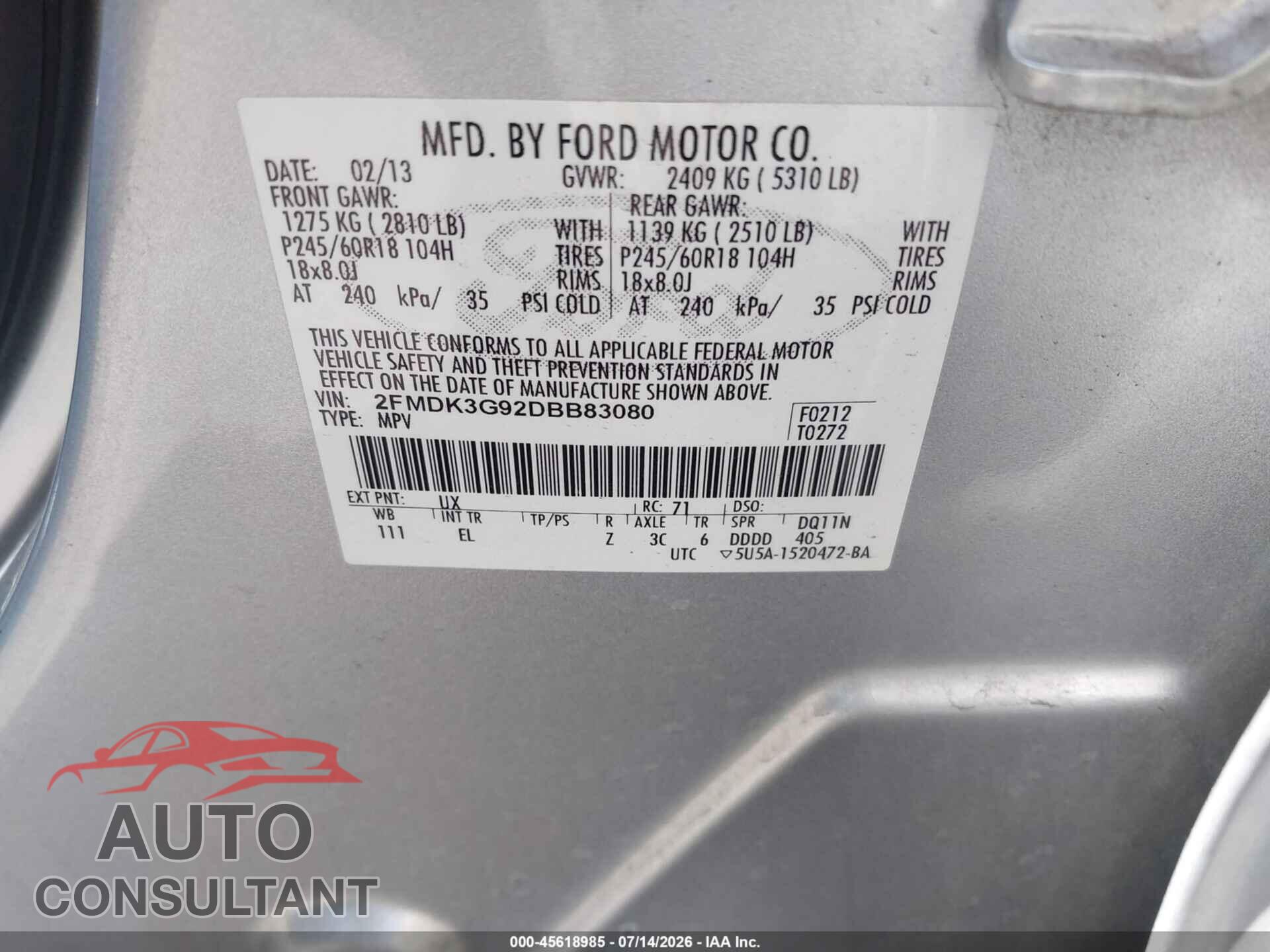 FORD EDGE 2013 - 2FMDK3G92DBB83080