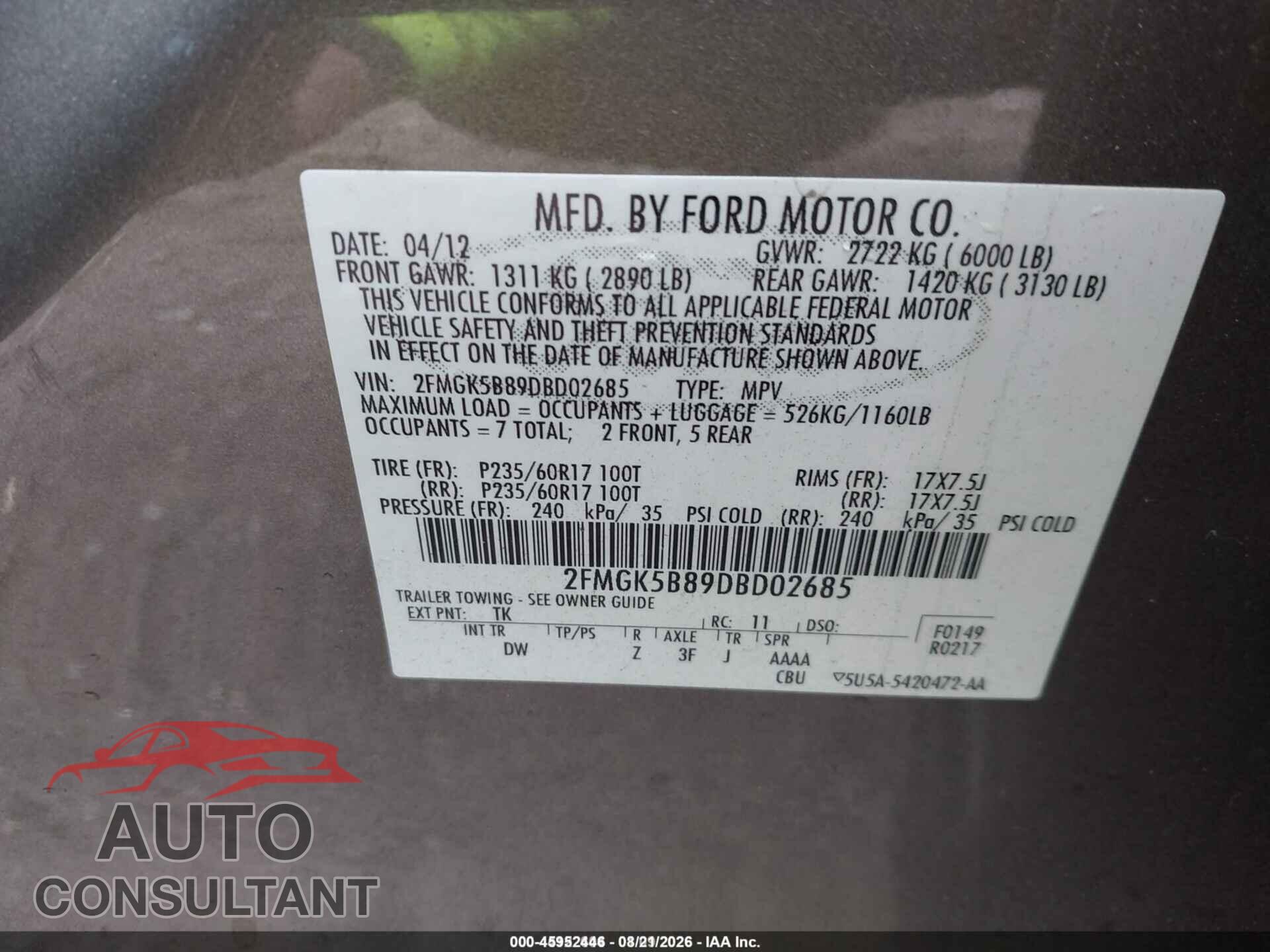 FORD FLEX 2013 - 2FMGK5B89DBD02685