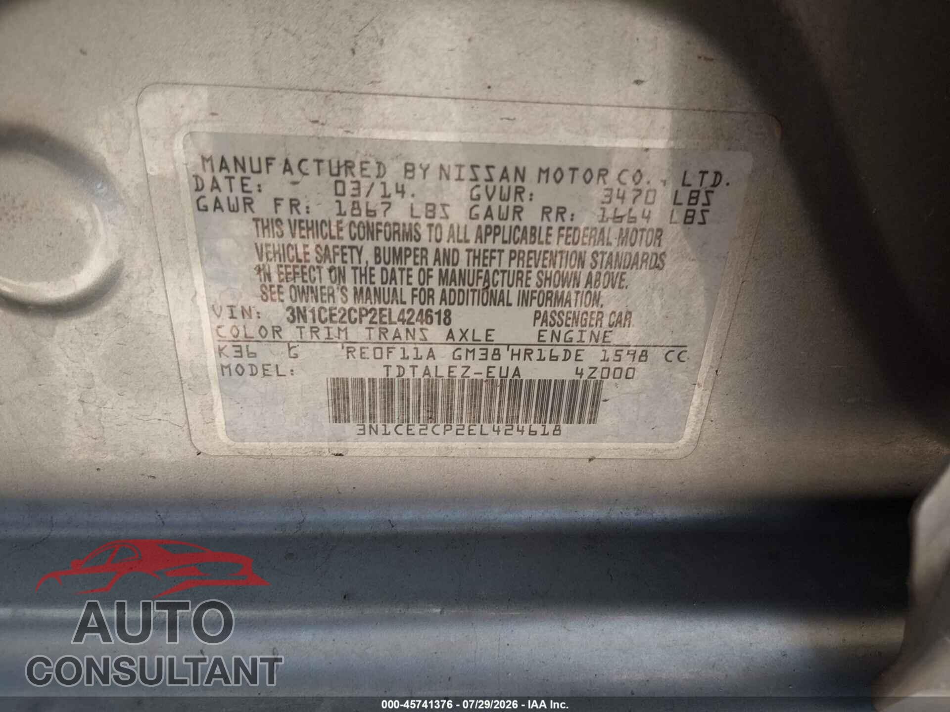 NISSAN VERSA NOTE 2014 - 3N1CE2CP2EL424618