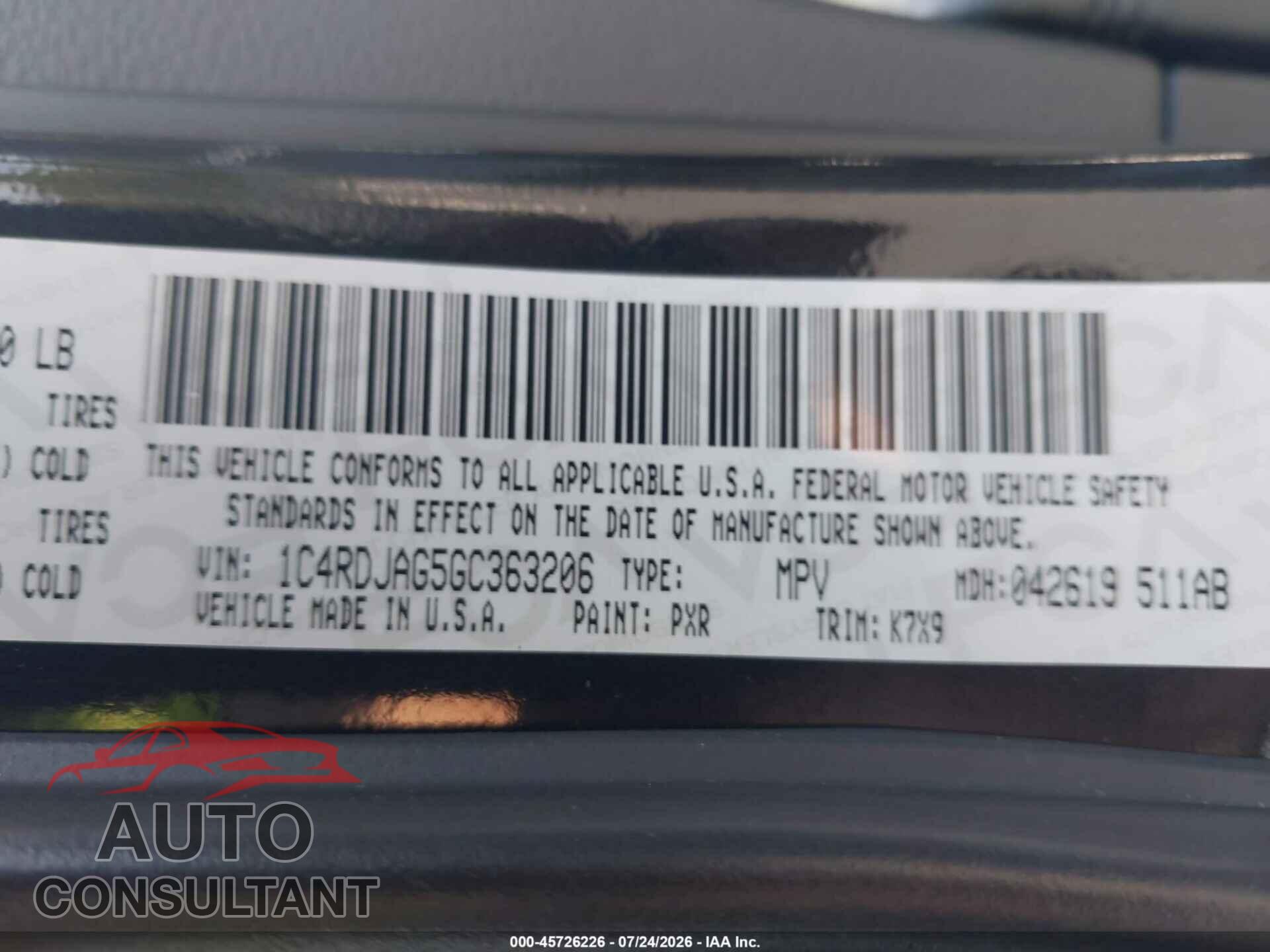 DODGE DURANGO 2016 - 1C4RDJAG5GC363206