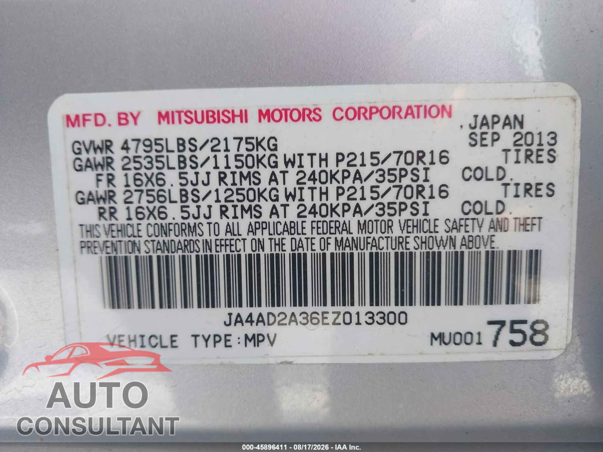 MITSUBISHI OUTLANDER 2014 - JA4AD2A36EZ013300