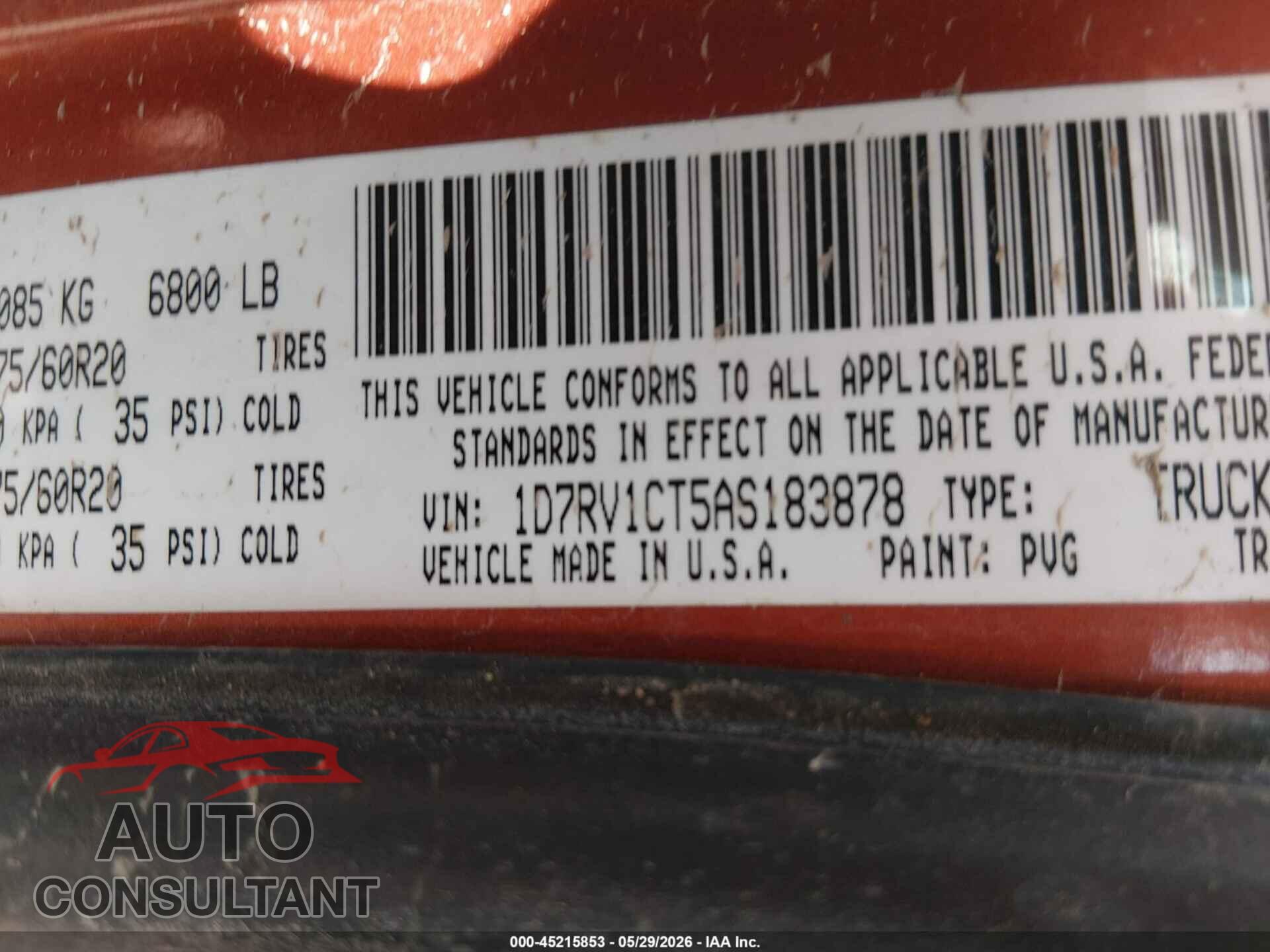 DODGE RAM 1500 2010 - 1D7RV1CT5AS183878
