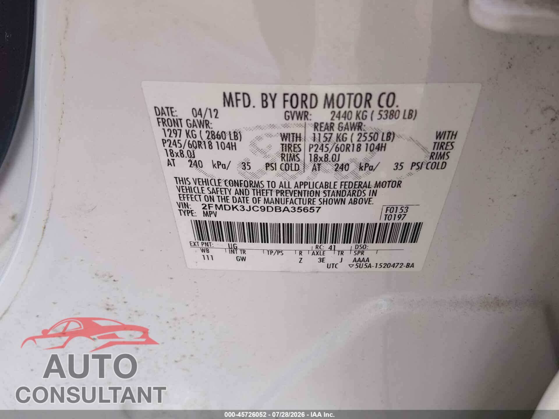 FORD EDGE 2013 - 2FMDK3JC9DBA35657