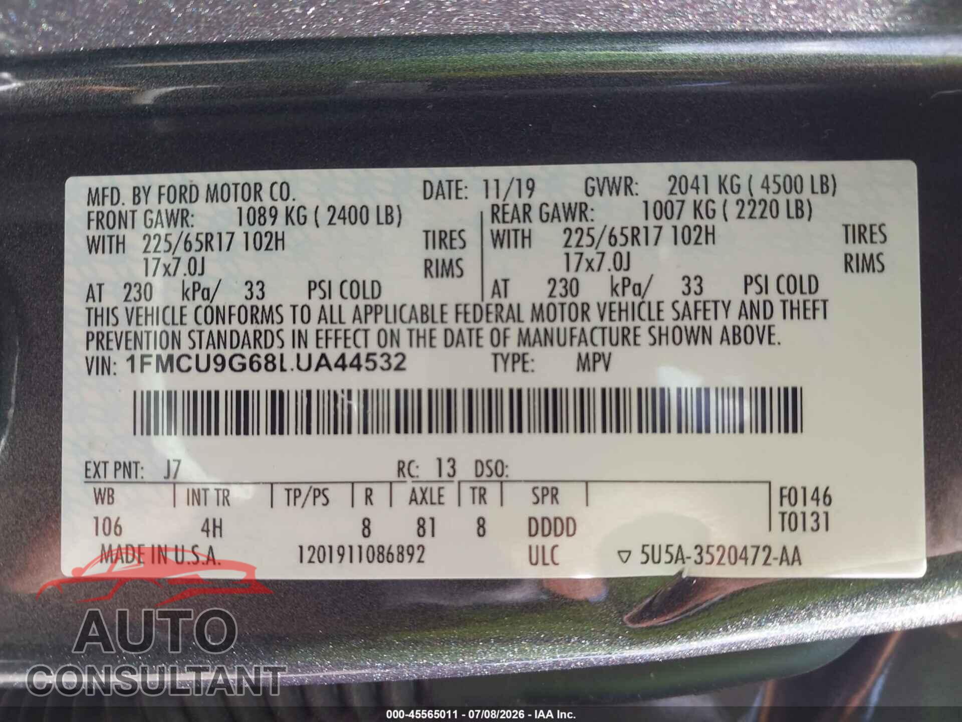 FORD ESCAPE 2020 - 1FMCU9G68LUA44532