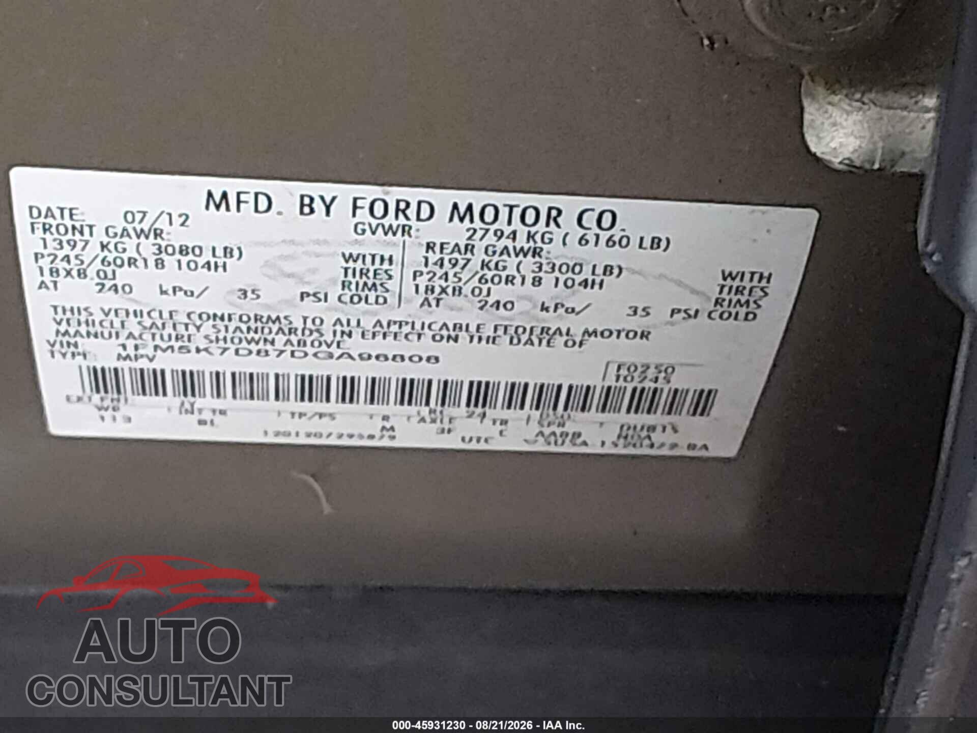 FORD EXPLORER 2013 - 1FM5K7D87DGA96808