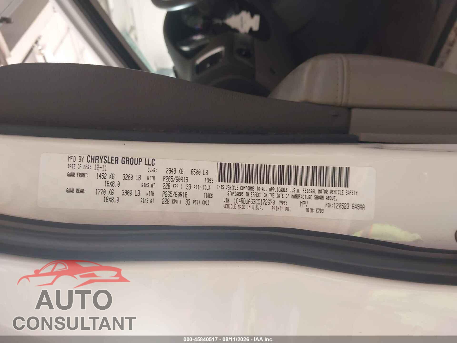 DODGE DURANGO 2012 - 1C4RDJAG3CC172670