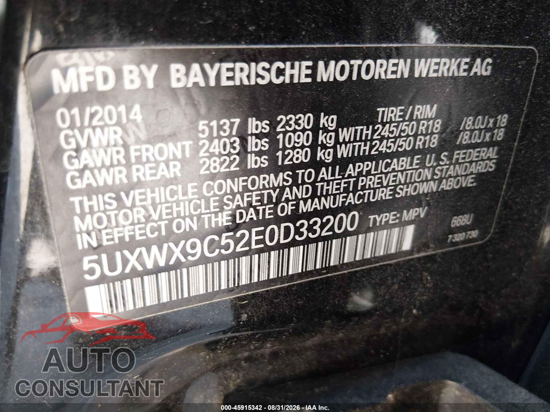 BMW X3 2014 - 5UXWX9C52E0D33200