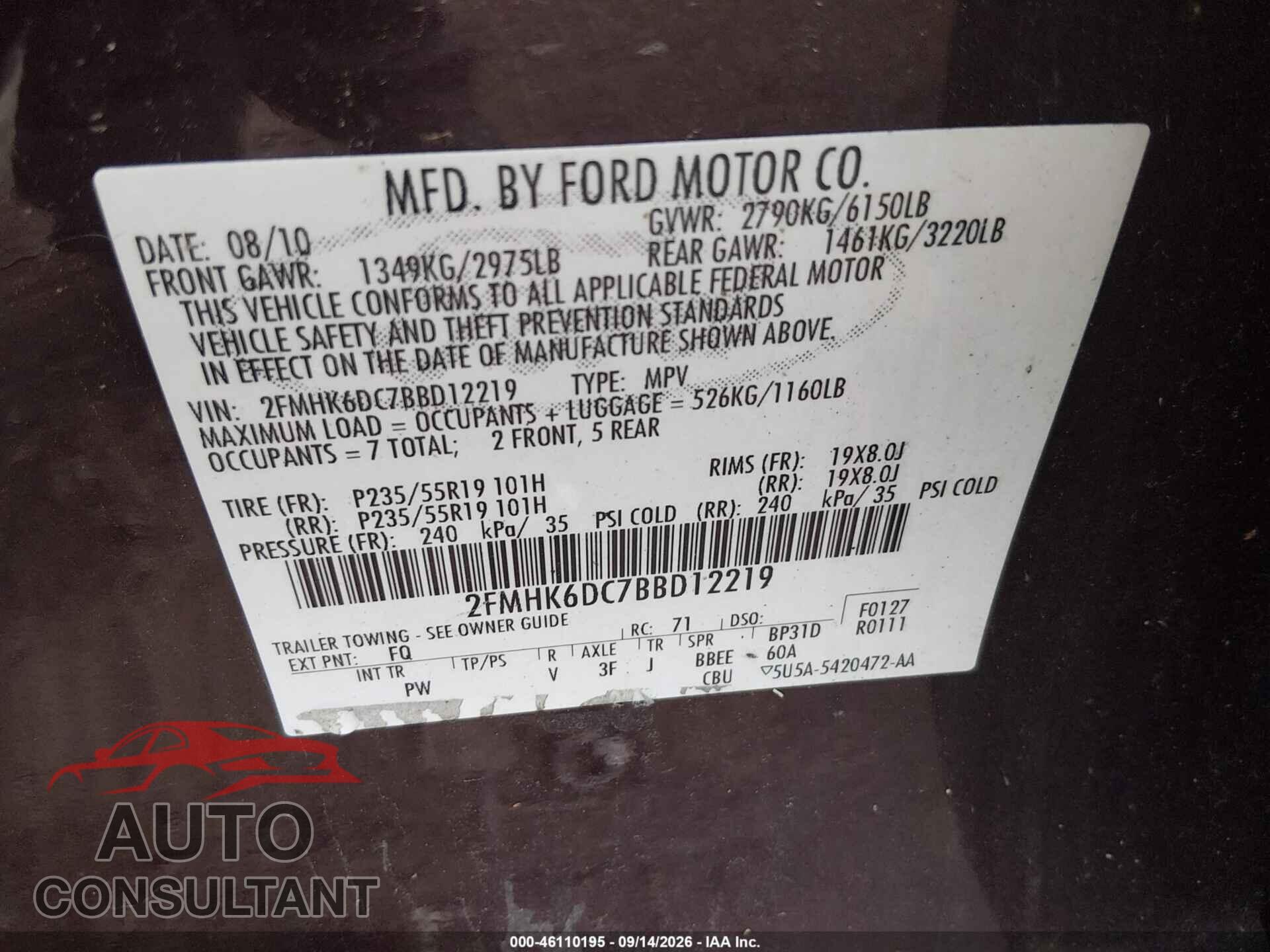 FORD FLEX 2011 - 2FMHK6DC7BBD12219