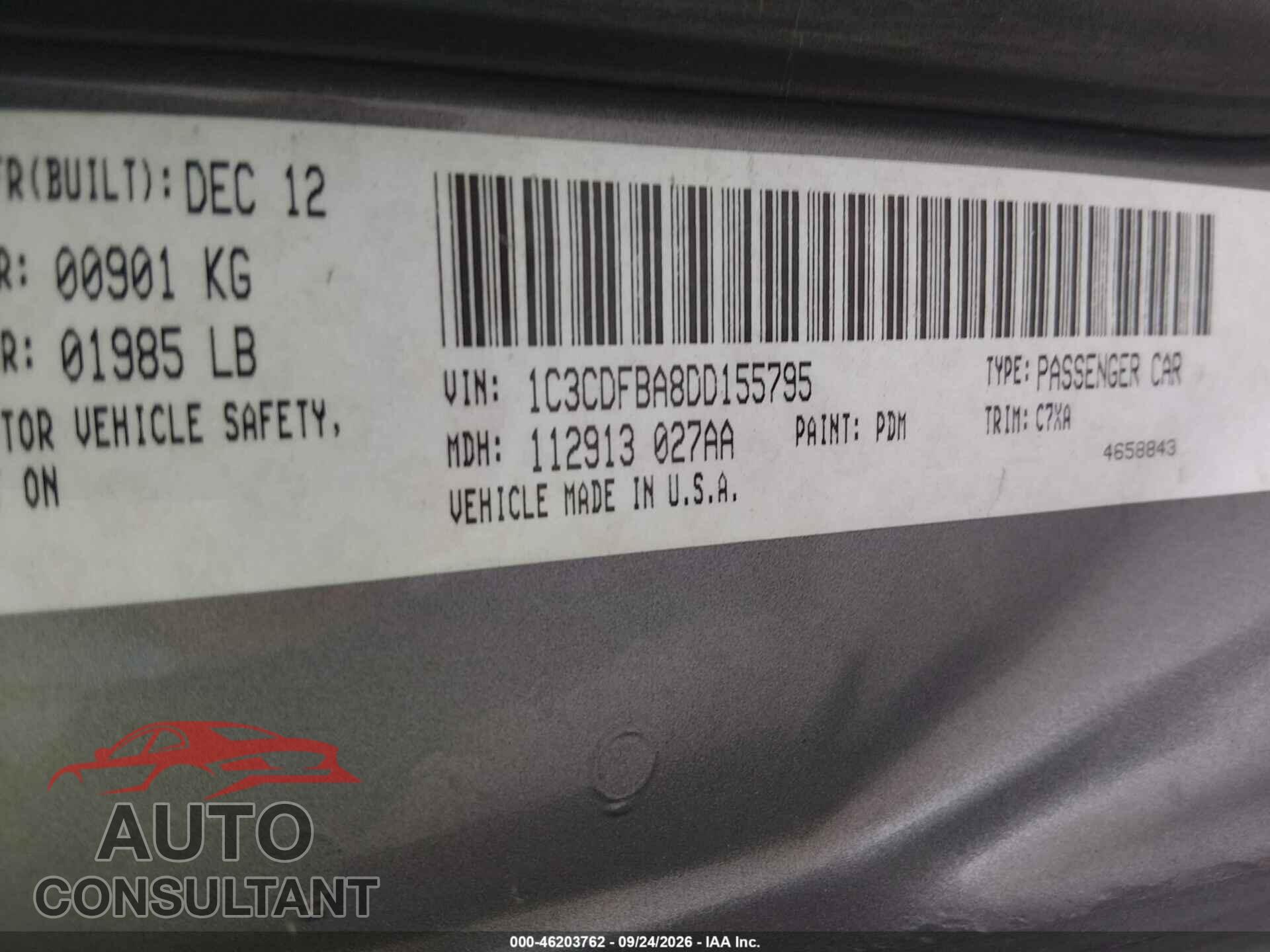 DODGE DART 2013 - 1C3CDFBA8DD155795