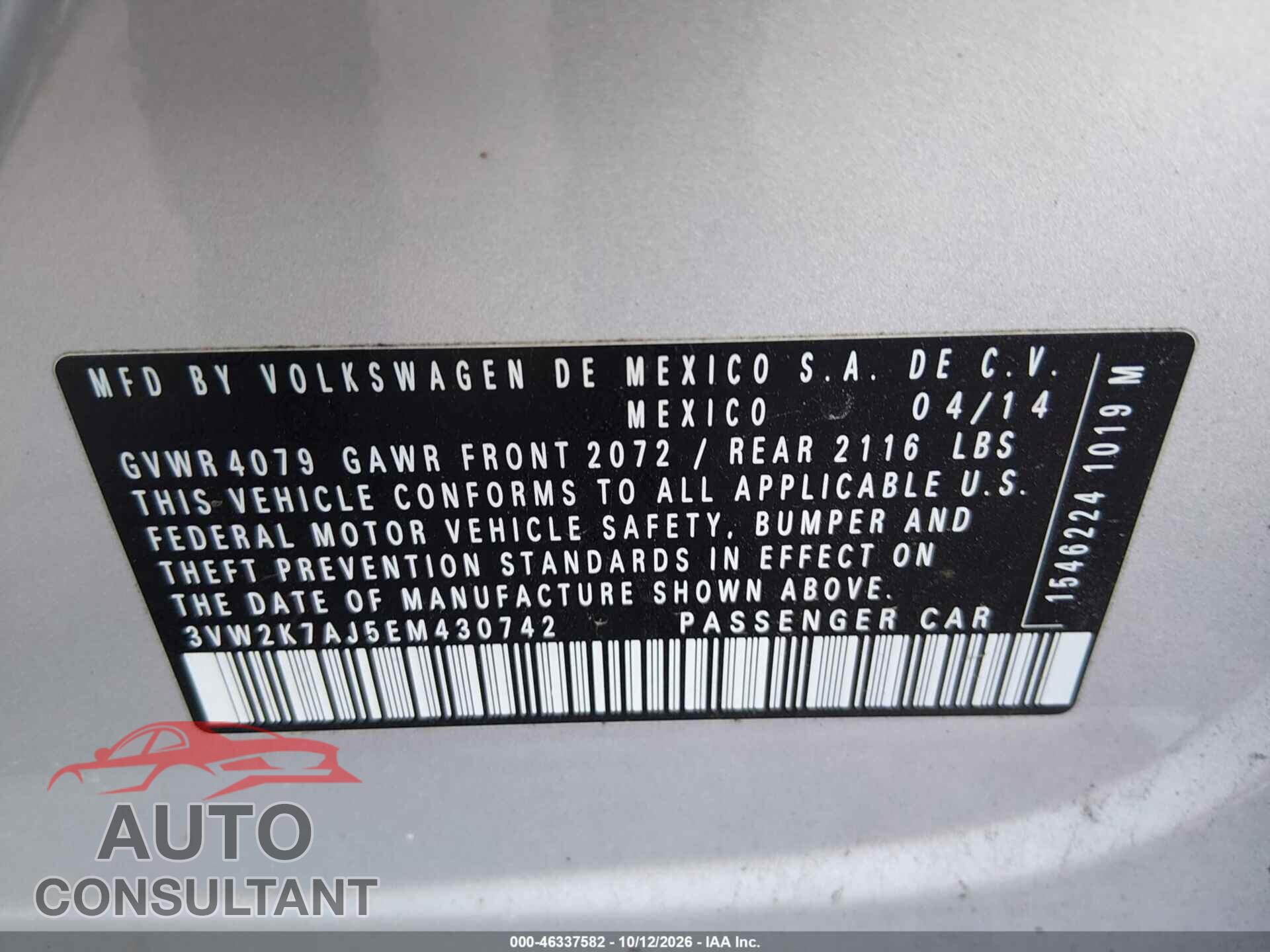 VOLKSWAGEN JETTA 2014 - 3VW2K7AJ5EM430742