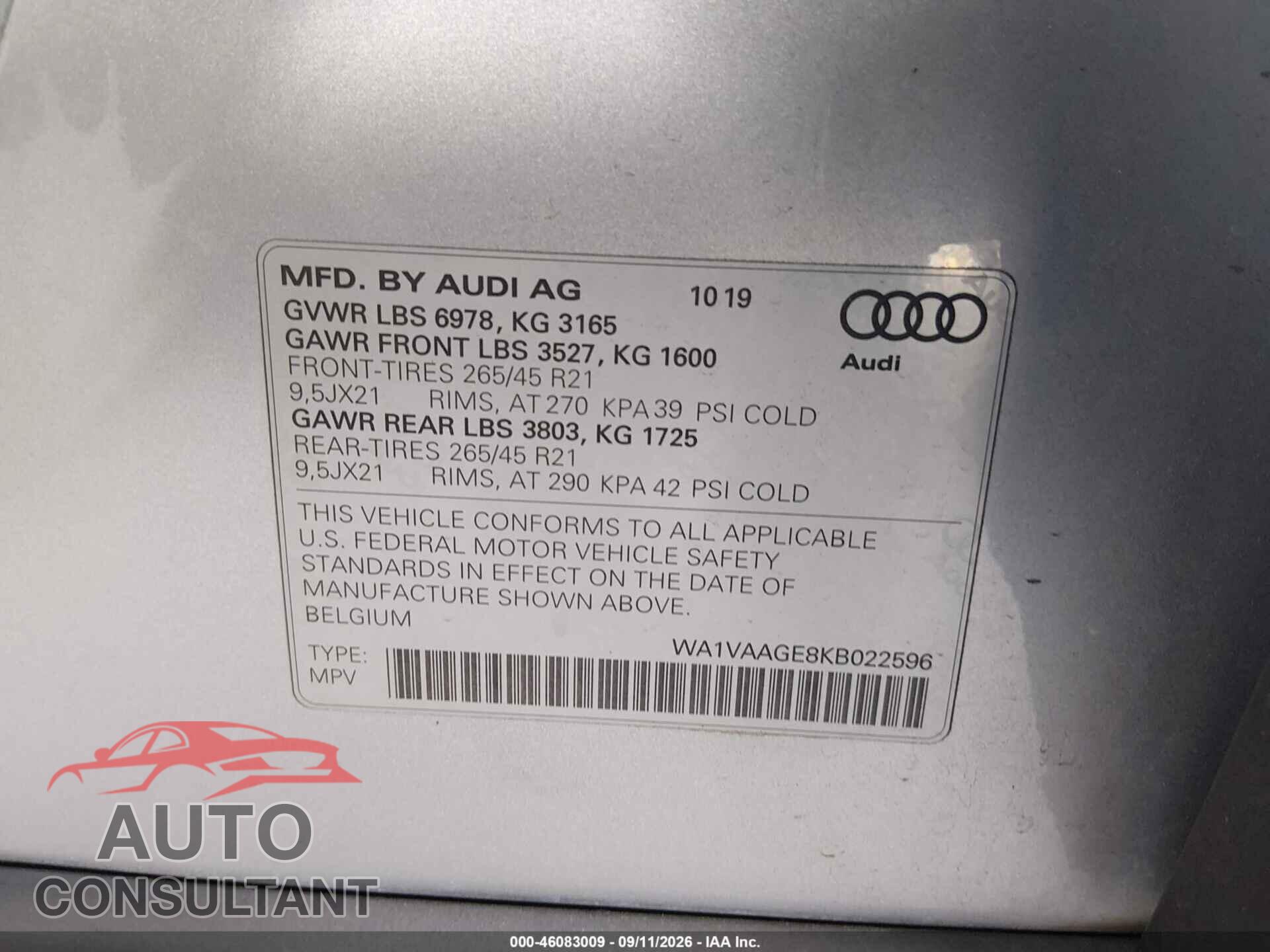 AUDI E-TRON 2019 - WA1VAAGE8KB022596