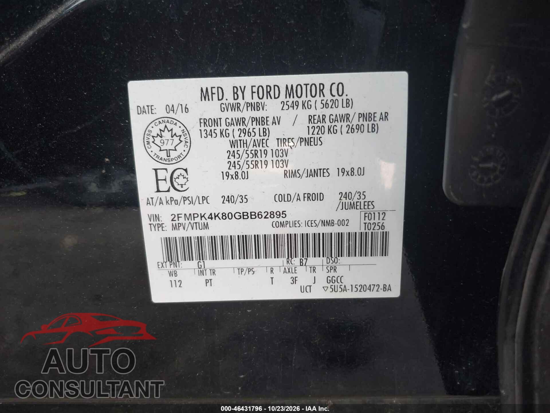 FORD EDGE 2016 - 2FMPK4K80GBB62895