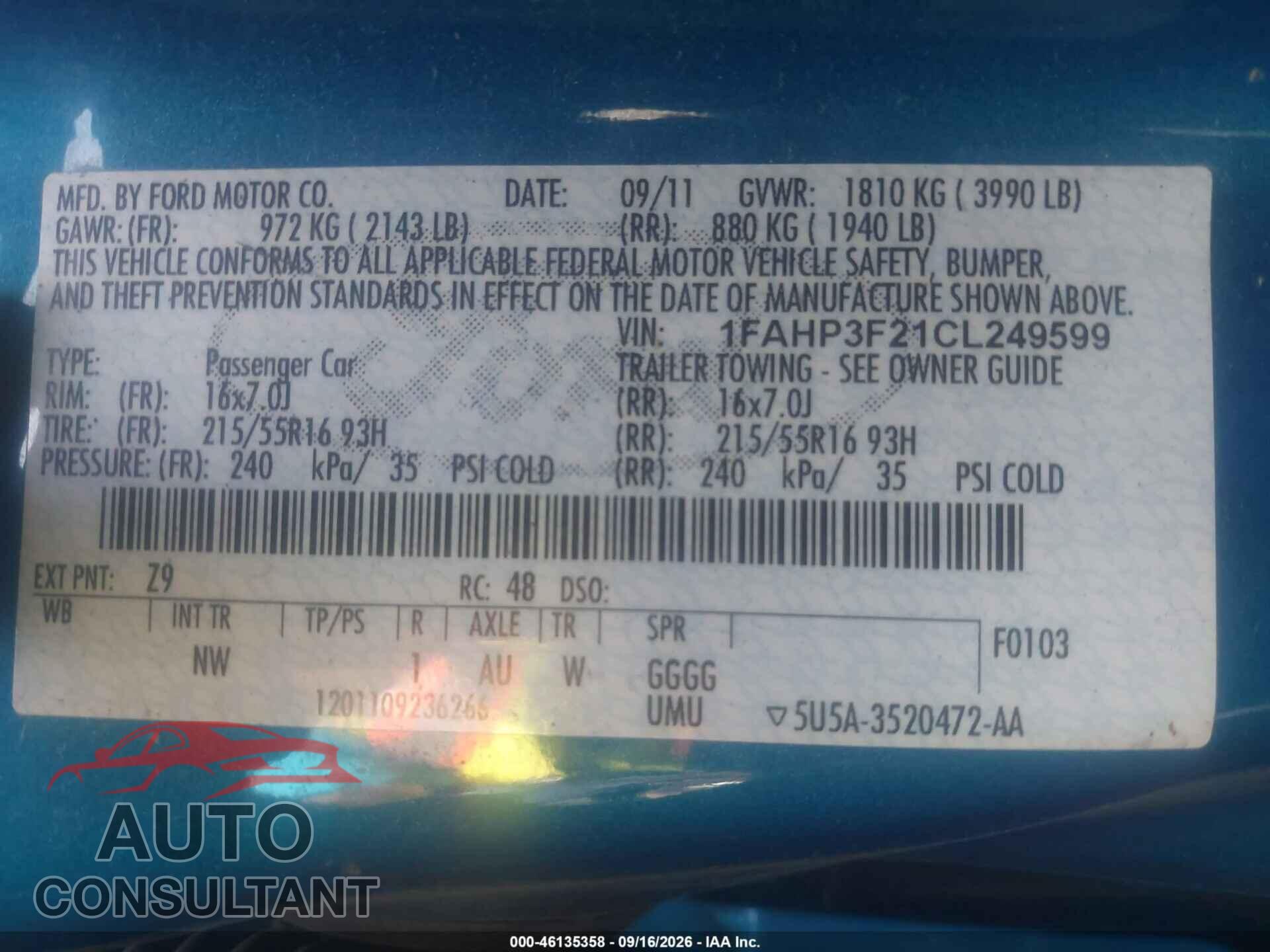 FORD FOCUS 2012 - 1FAHP3F21CL249599