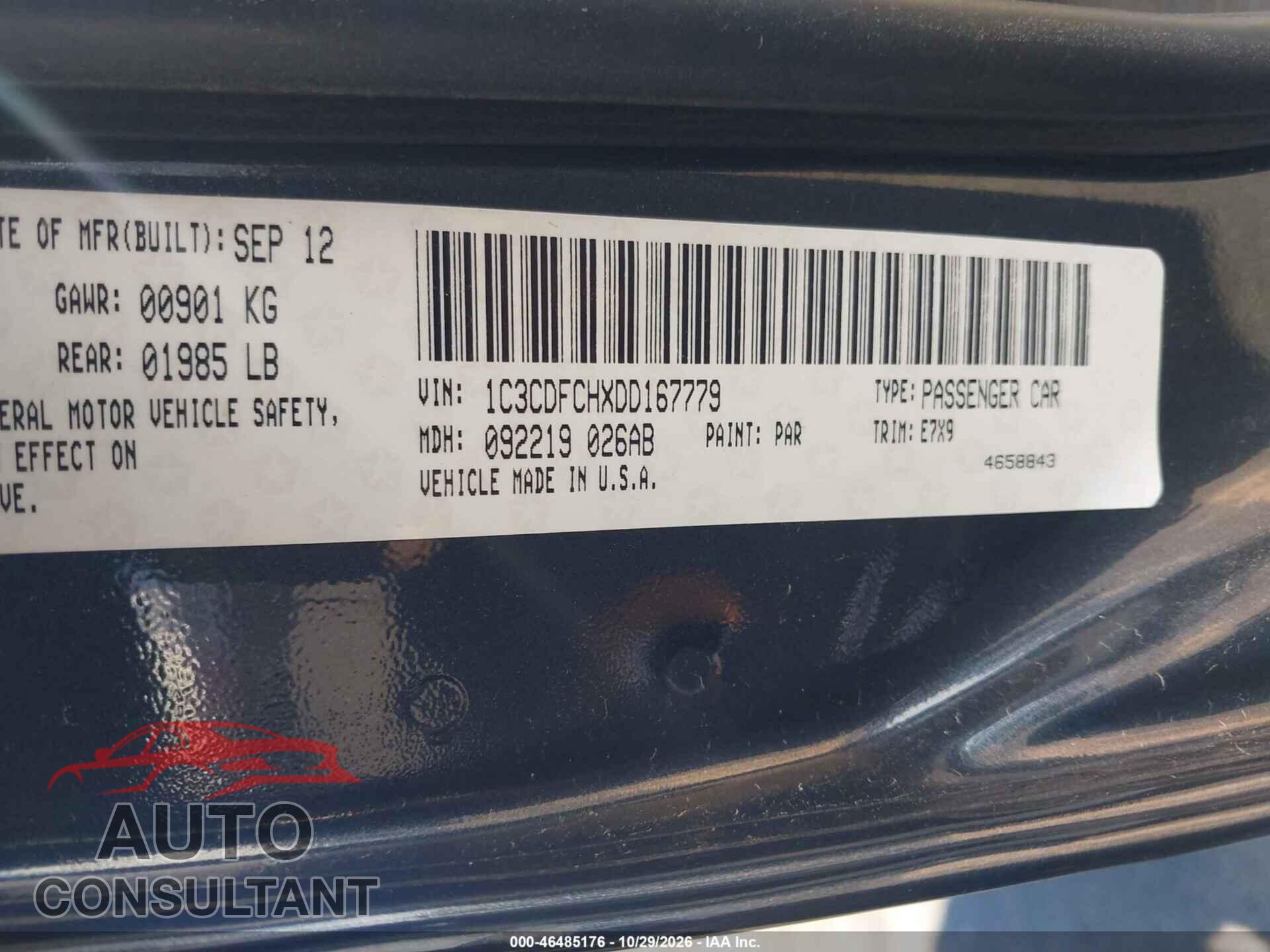 DODGE DART 2013 - 1C3CDFCHXDD167779