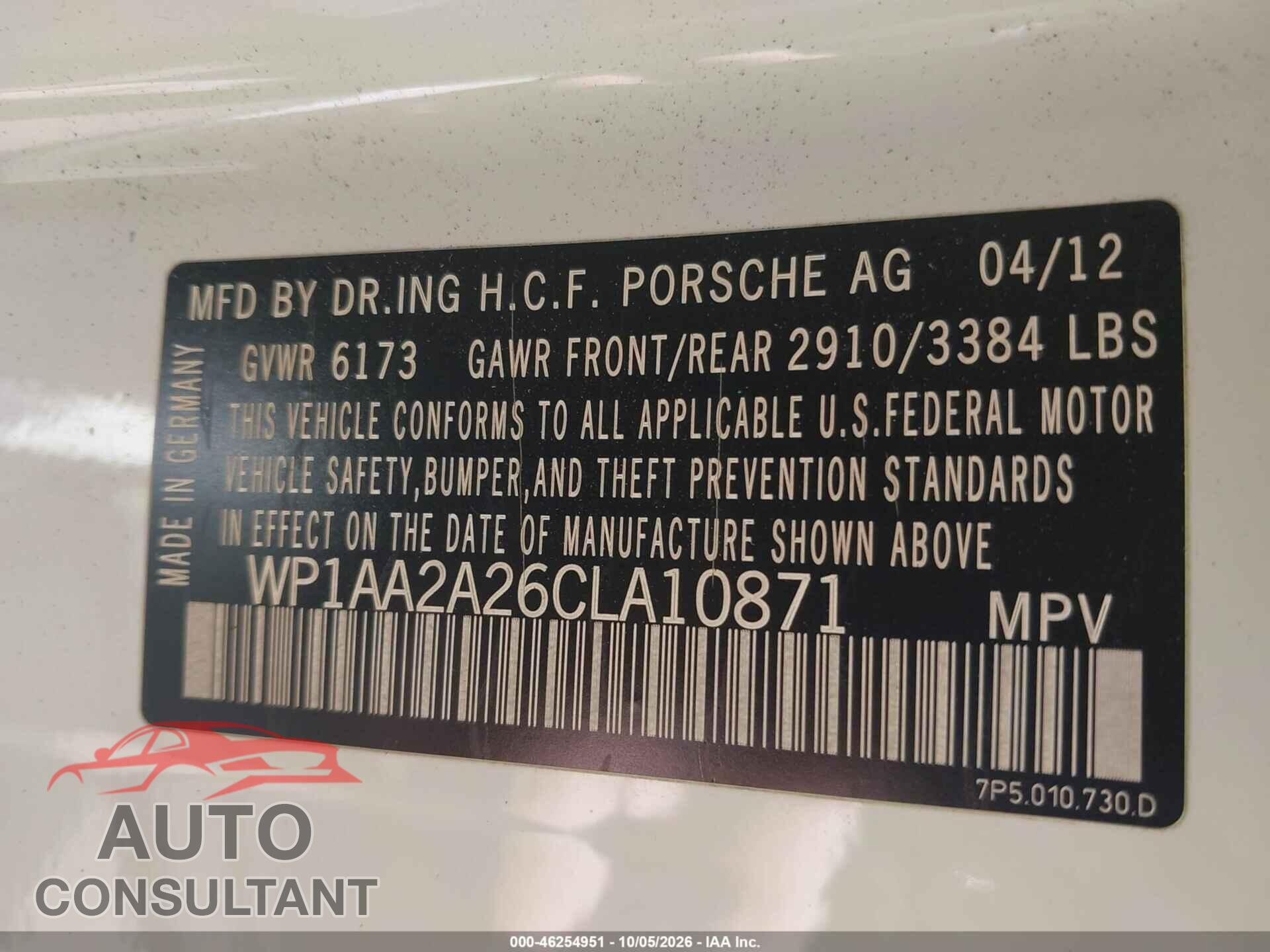 PORSCHE CAYENNE 2012 - WP1AA2A26CLA10871