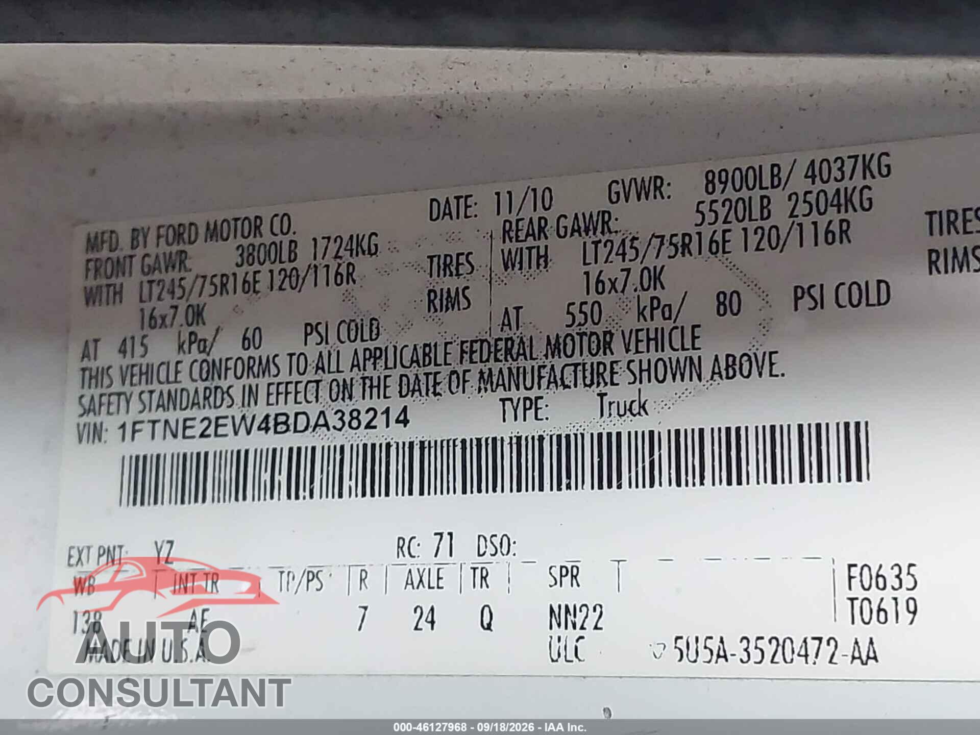 FORD E-250 2011 - 1FTNE2EW4BDA38214