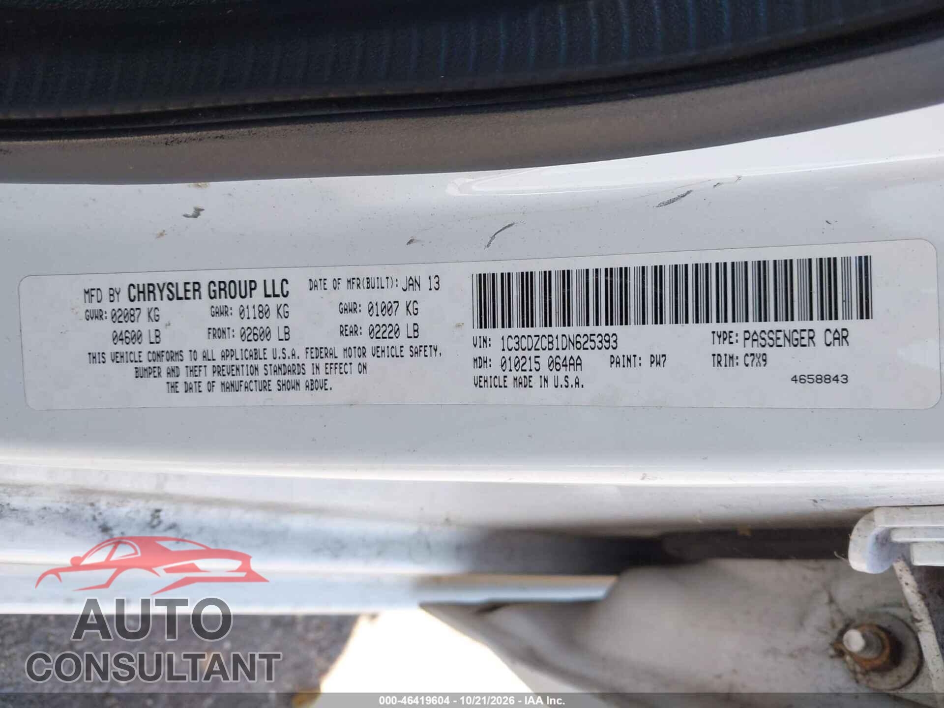 DODGE AVENGER 2013 - 1C3CDZCB1DN625393