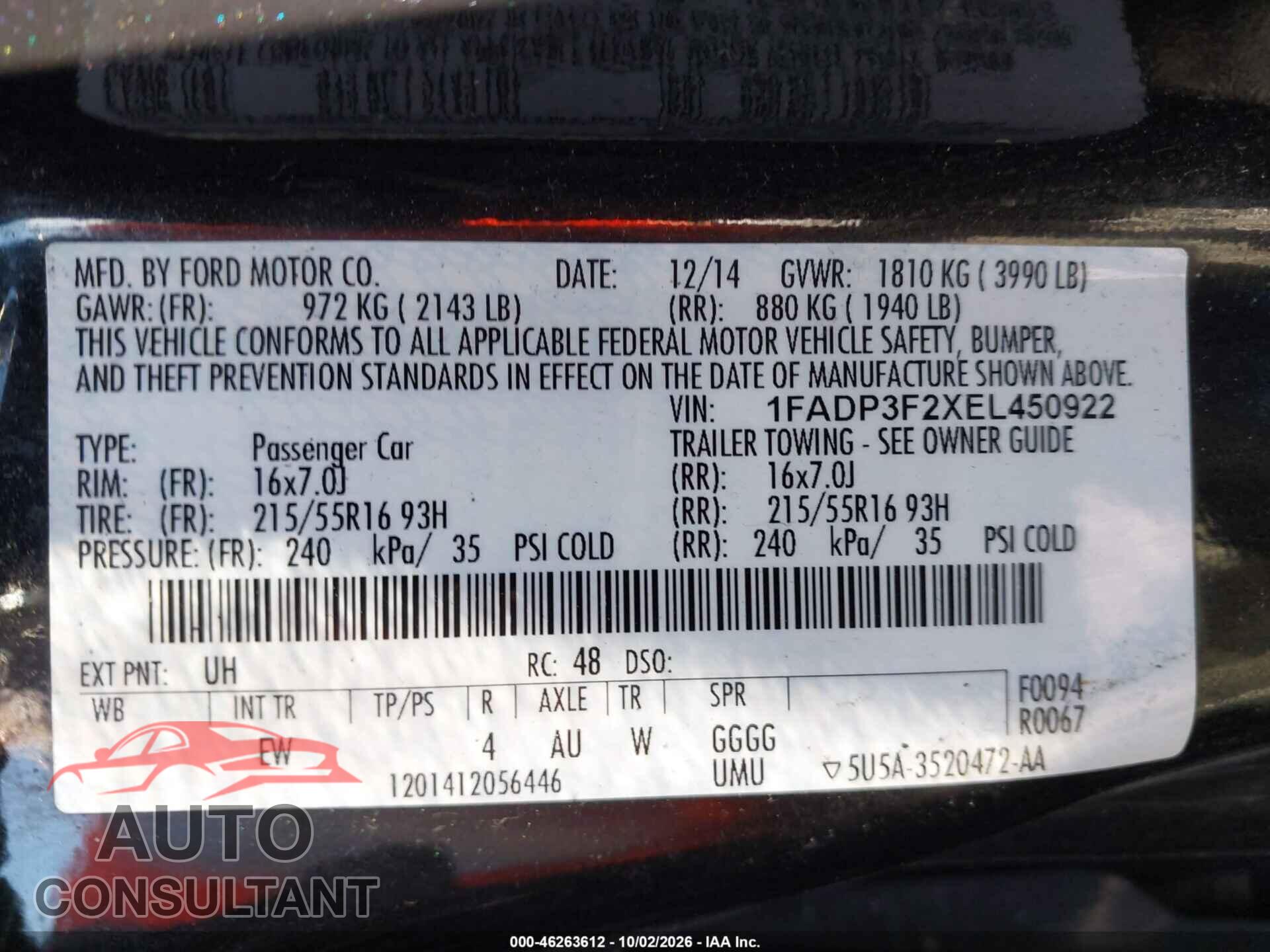FORD FOCUS 2014 - 1FADP3F2XEL450922
