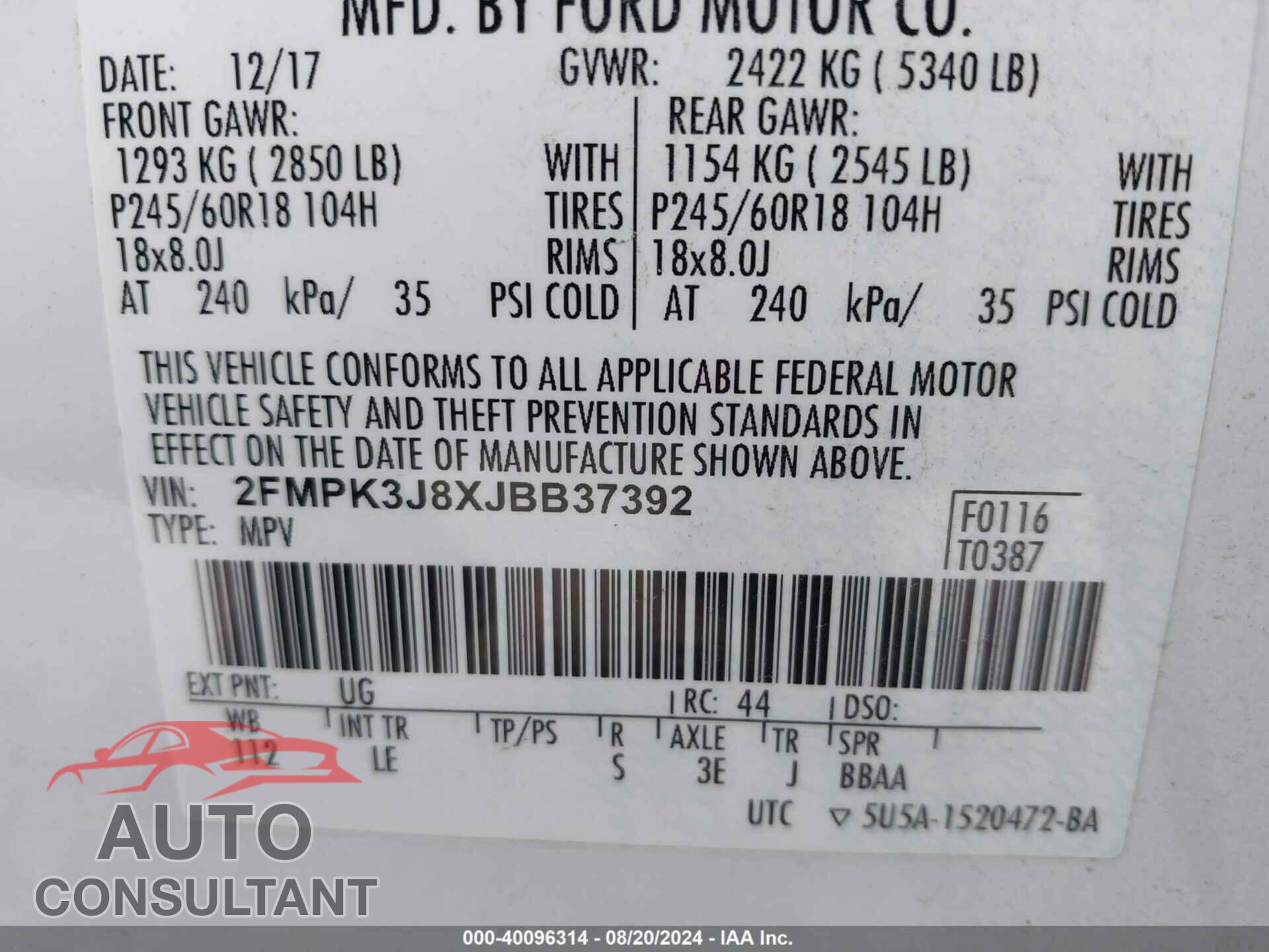 FORD EDGE 2018 - 2FMPK3J8XJBB37392