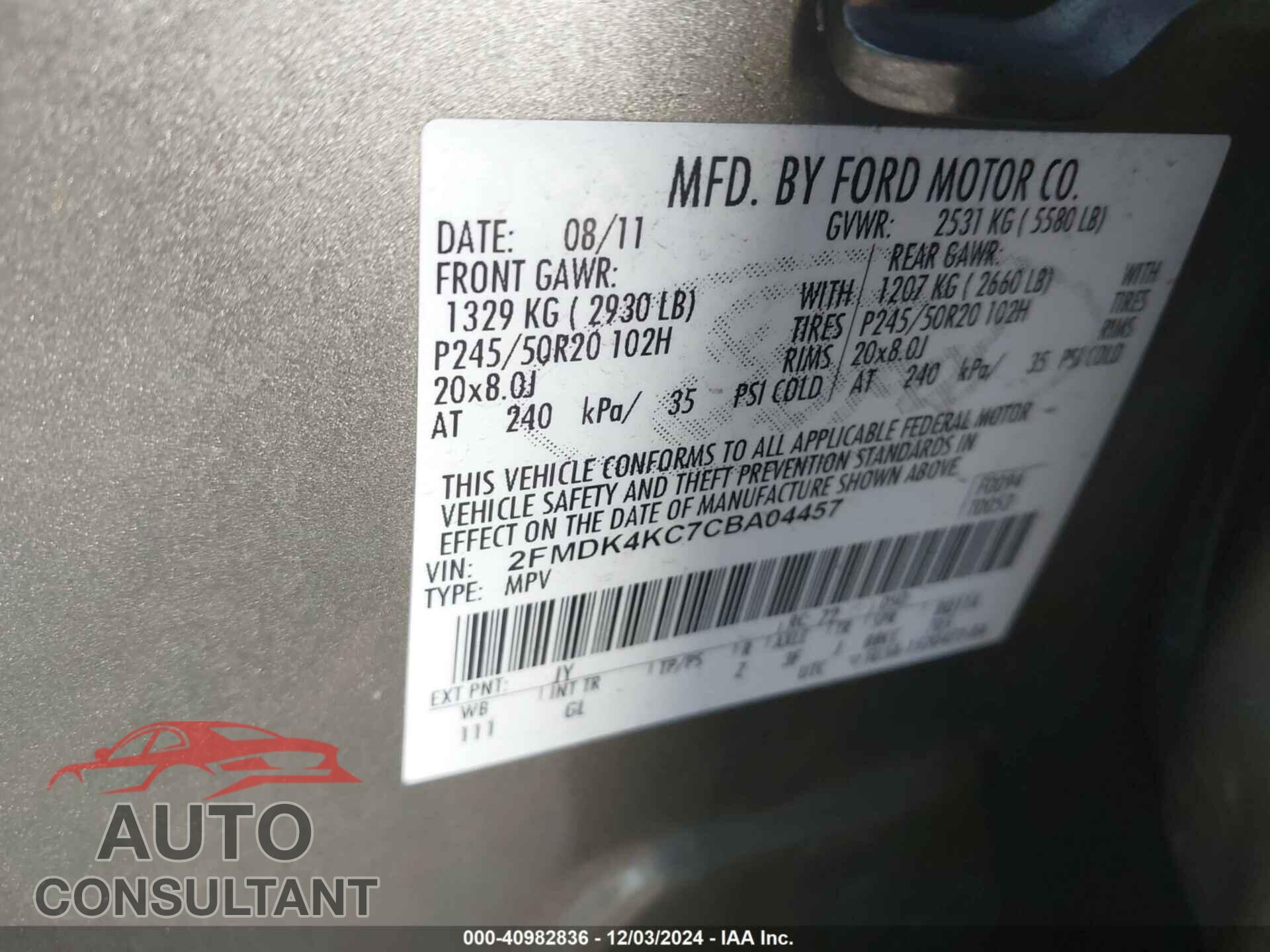 FORD EDGE 2012 - 2FMDK4KC7CBA04457