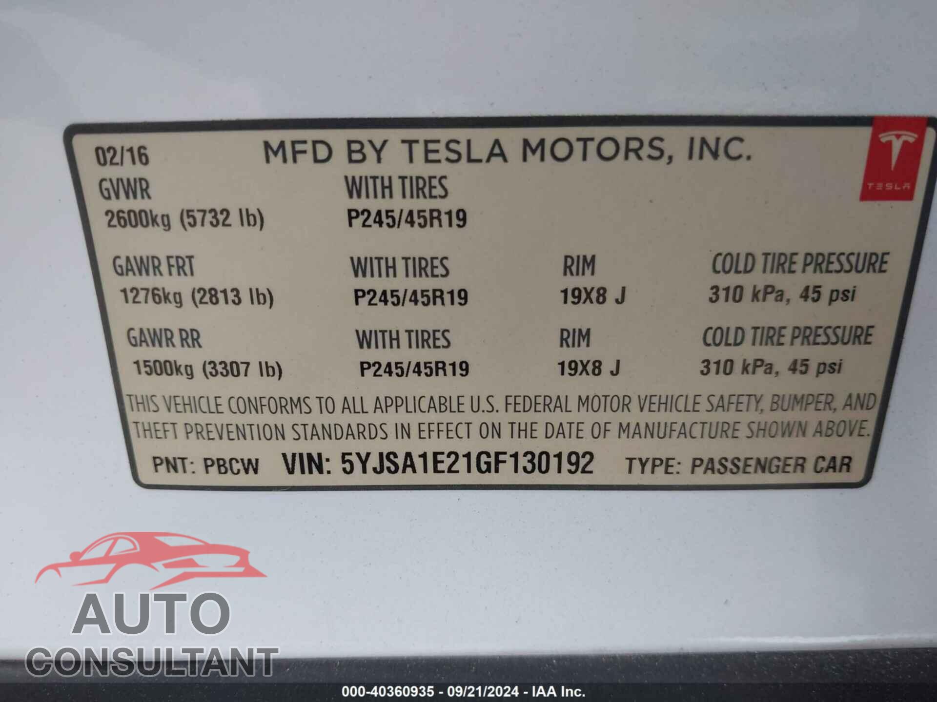 TESLA MODEL S 2016 - 5YJSA1E21GF130192