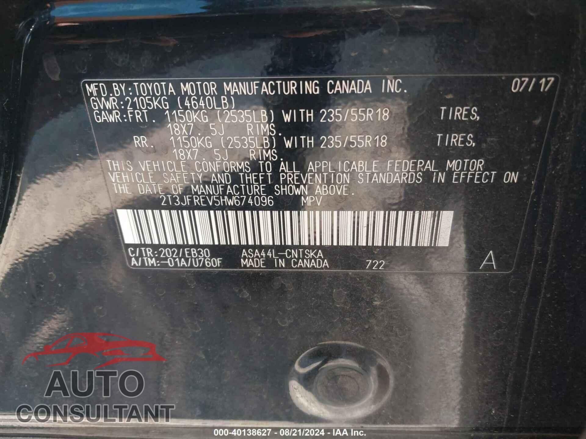 TOYOTA RAV4 2017 - 2T3JFREV5HW674096