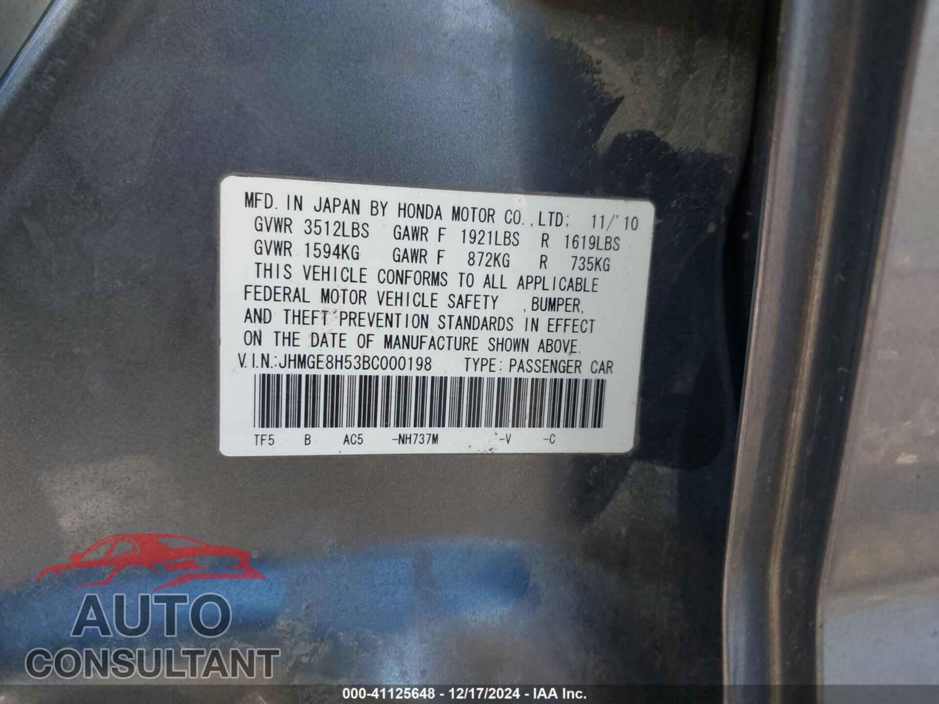 HONDA FIT 2011 - JHMGE8H53BC000198