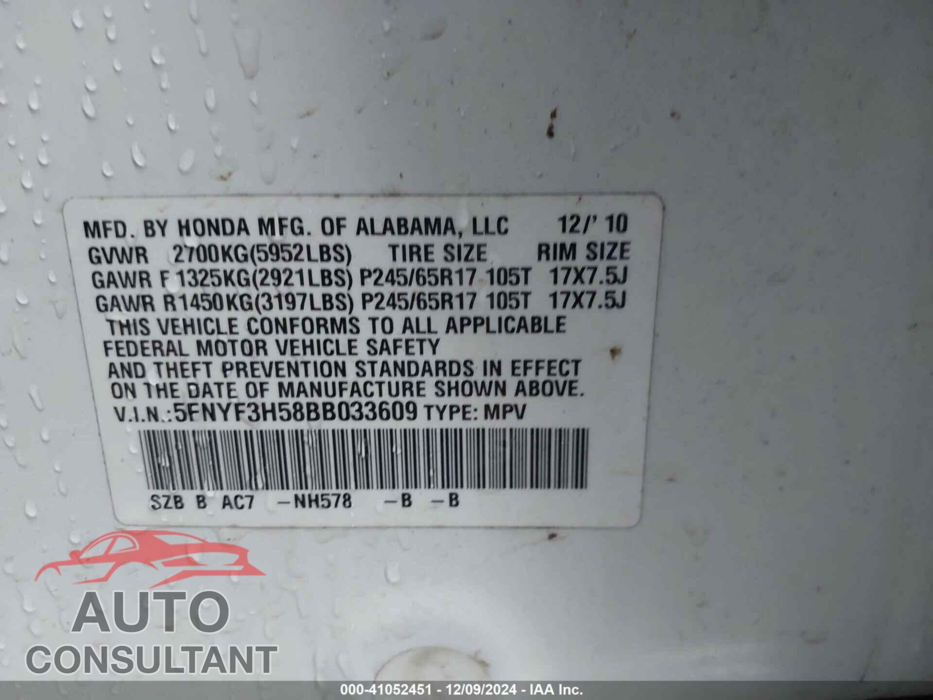 HONDA PILOT 2011 - 5FNYF3H58BB033609