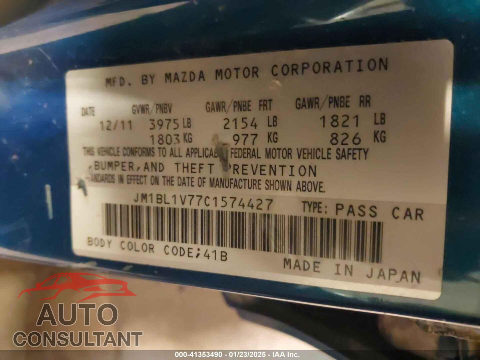 MAZDA MAZDA3 2012 - JM1BL1V77C1574427