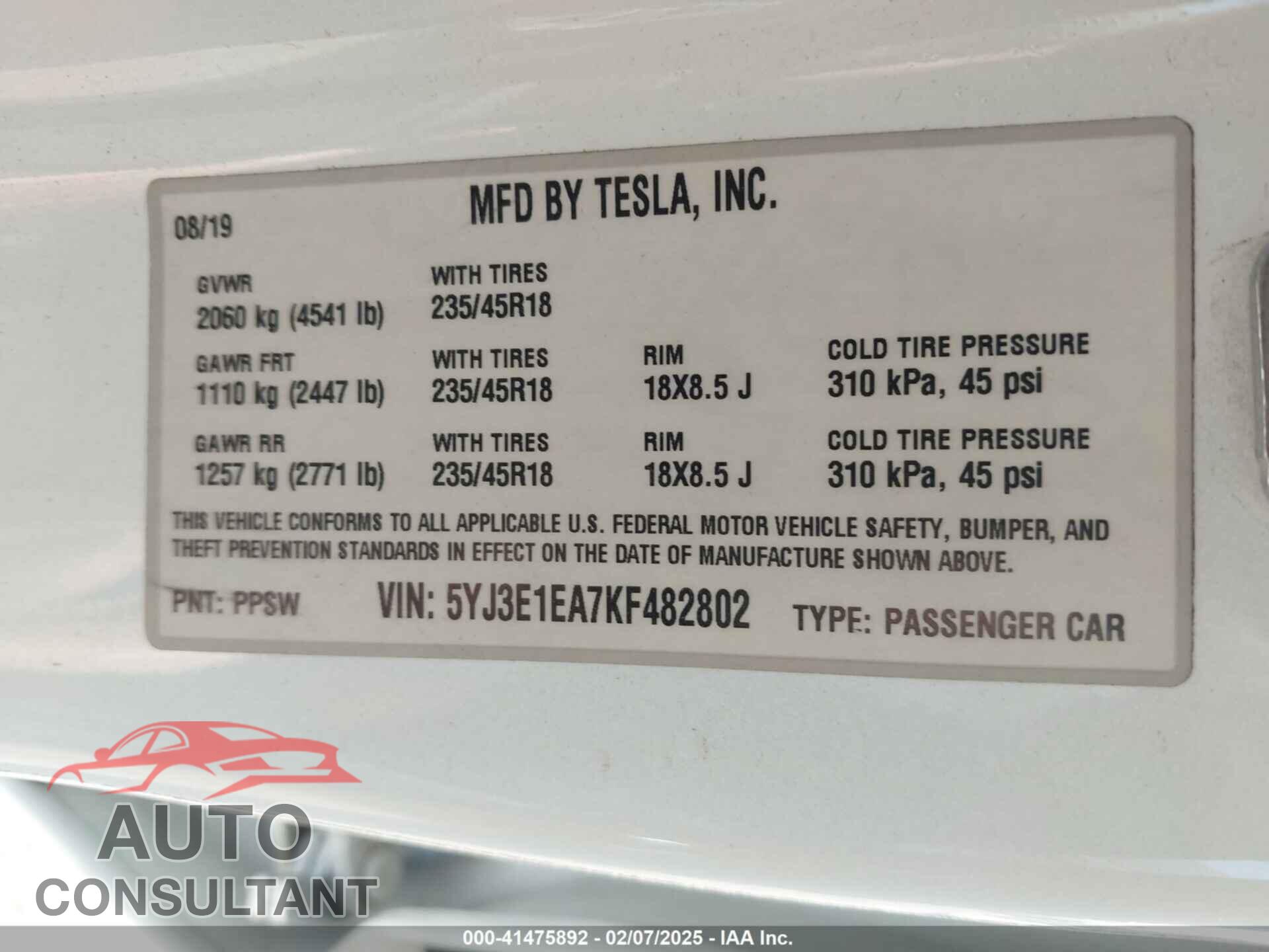 TESLA MODEL 3 2019 - 5YJ3E1EA7KF482802