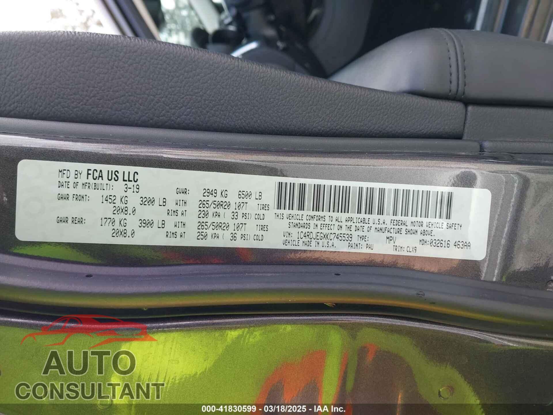 DODGE DURANGO 2019 - 1C4RDJEGXKC745539