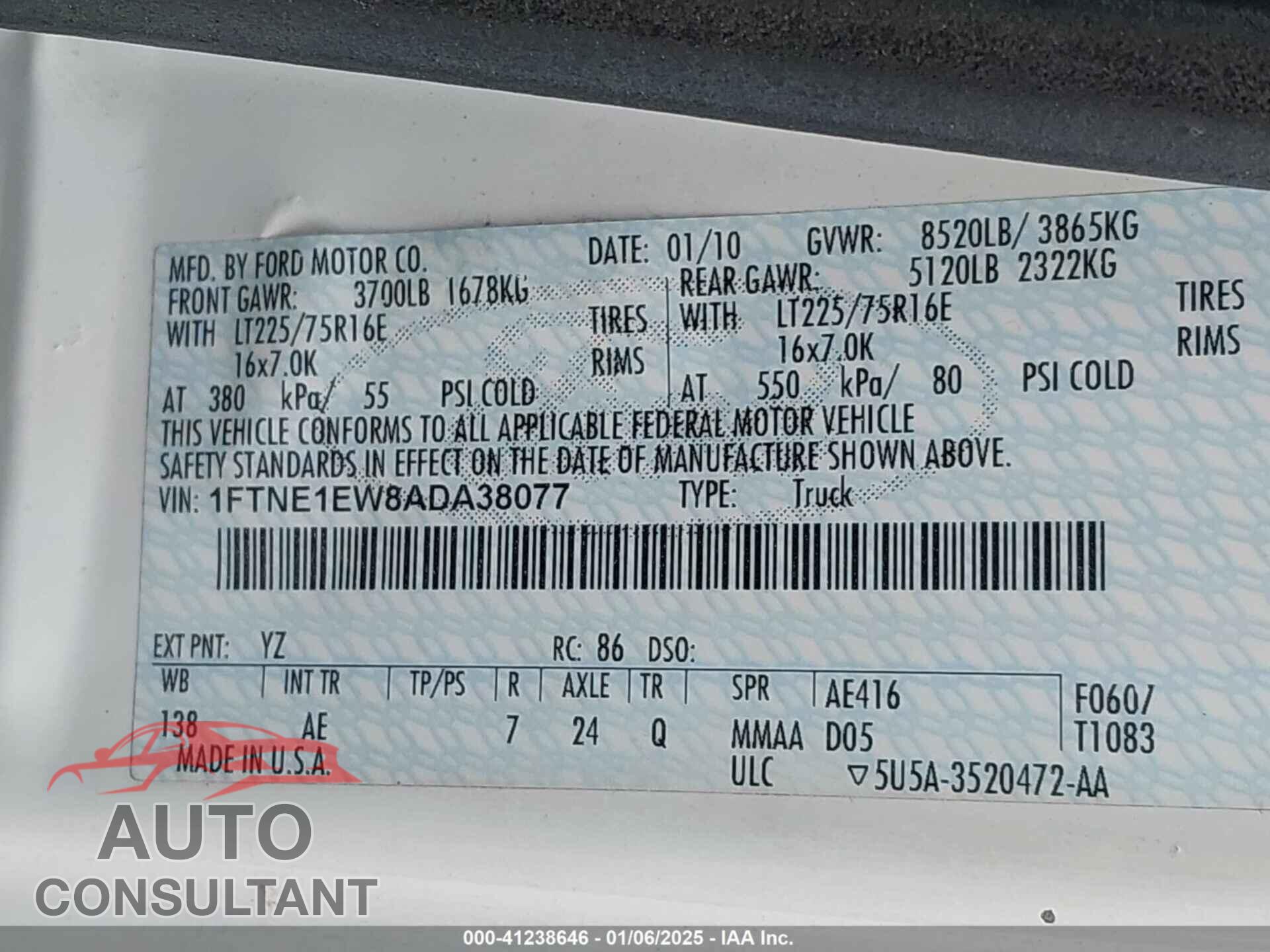 FORD E-150 2010 - 1FTNE1EW8ADA38077