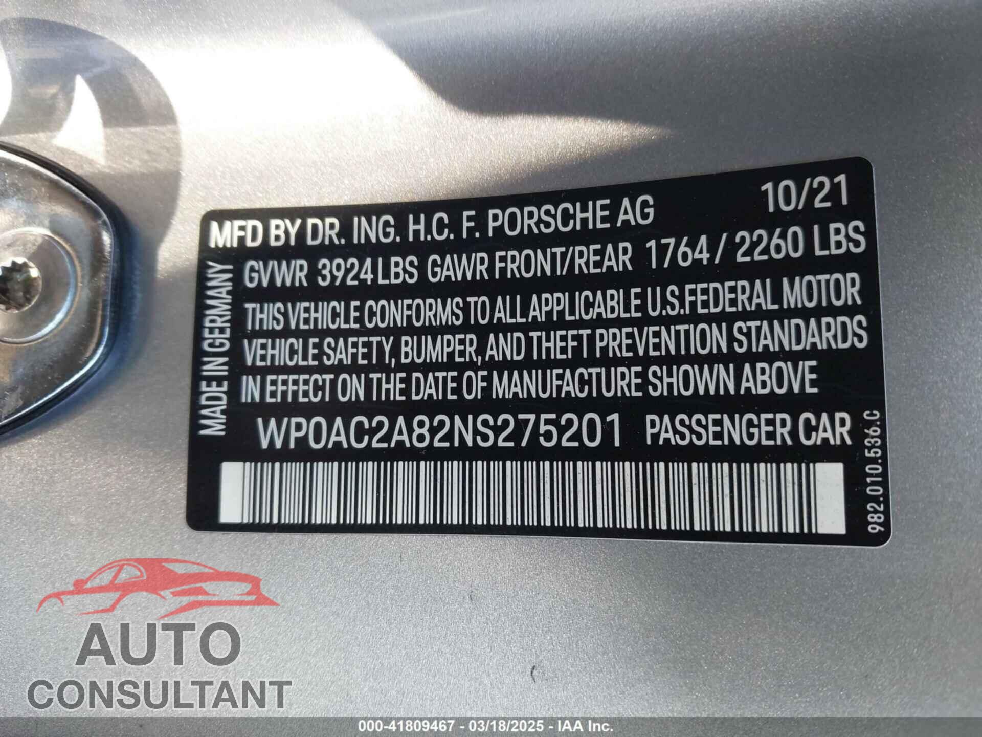 PORSCHE 718 CAYMAN 2022 - WP0AC2A82NS275201