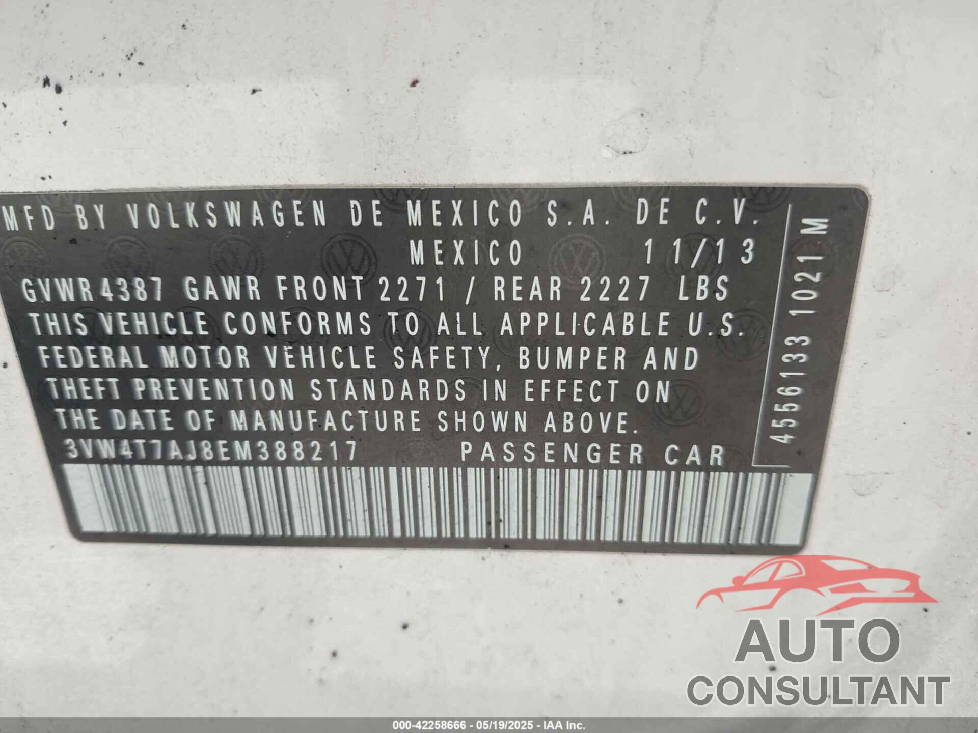 VOLKSWAGEN JETTA 2014 - 3VW4T7AJ8EM388217