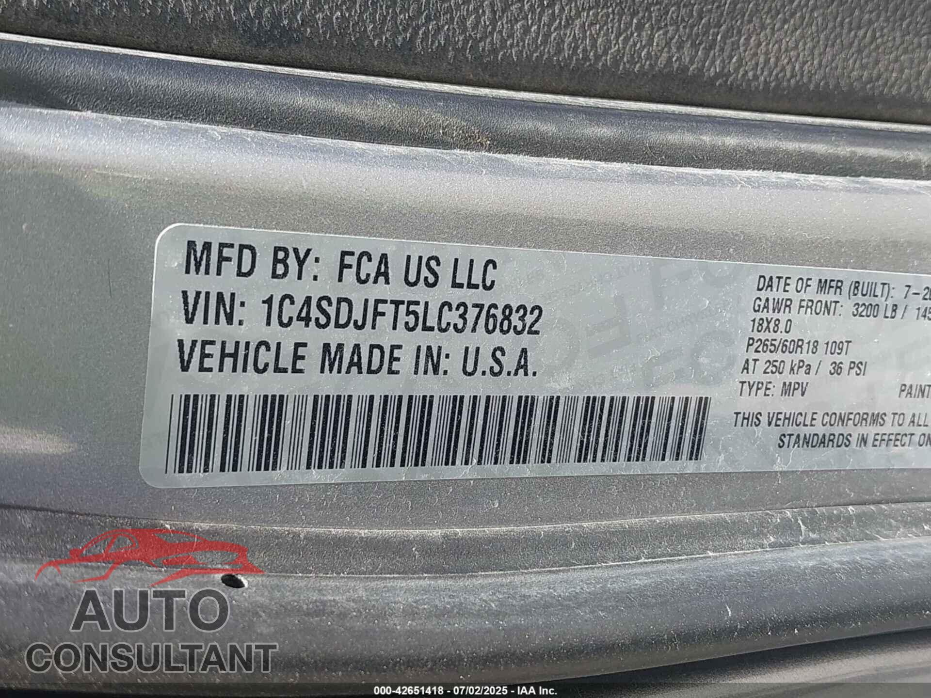DODGE DURANGO 2020 - 1C4SDJFT5LC376832