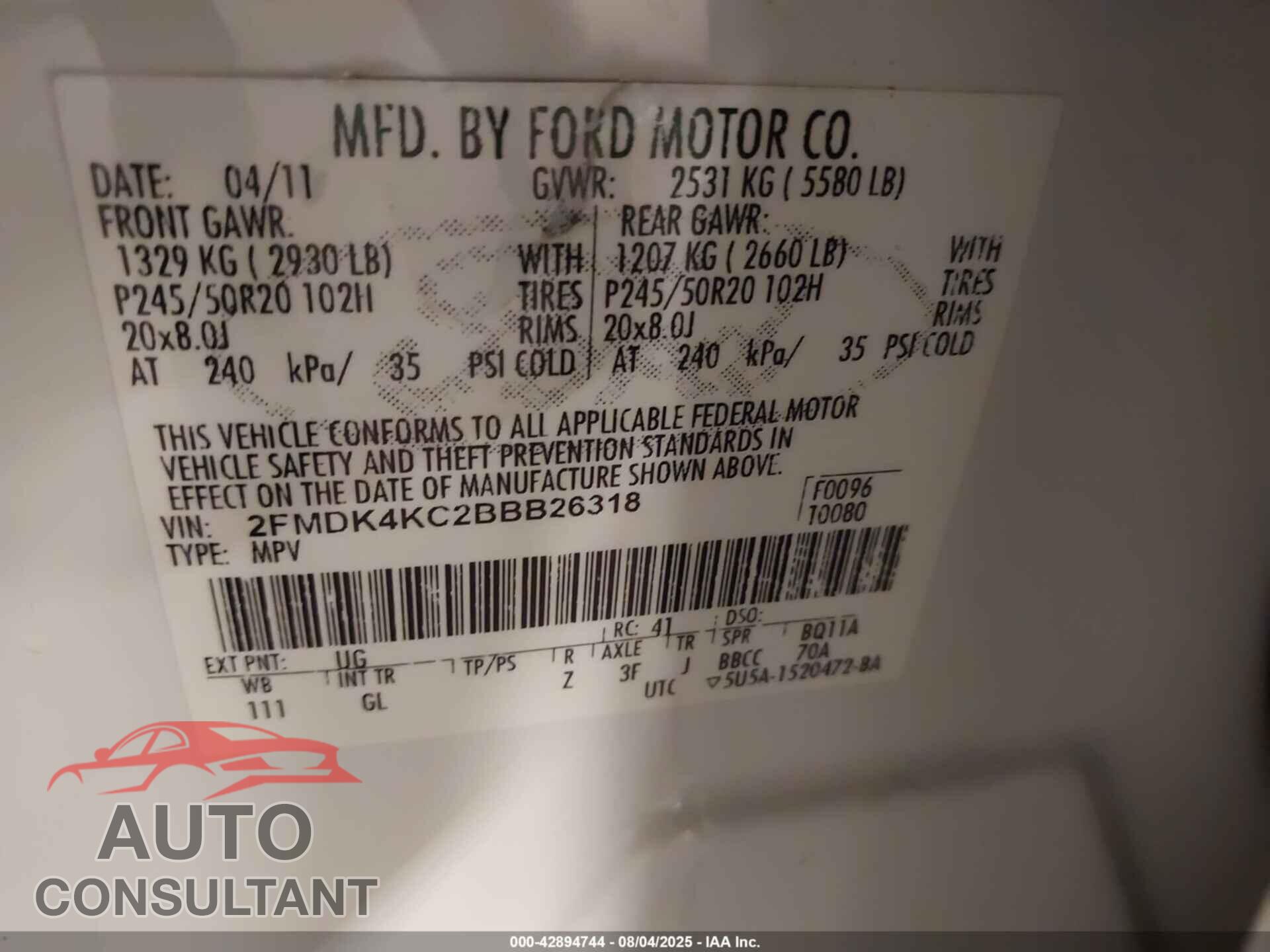 FORD EDGE 2011 - 2FMDK4KC2BBB26318