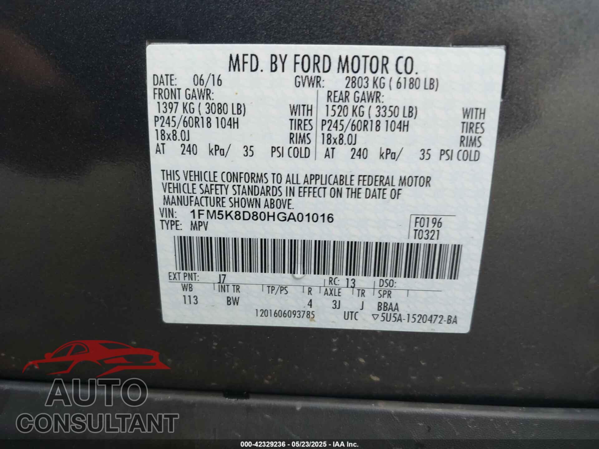 FORD EXPLORER 2017 - 1FM5K8D80HGA01016