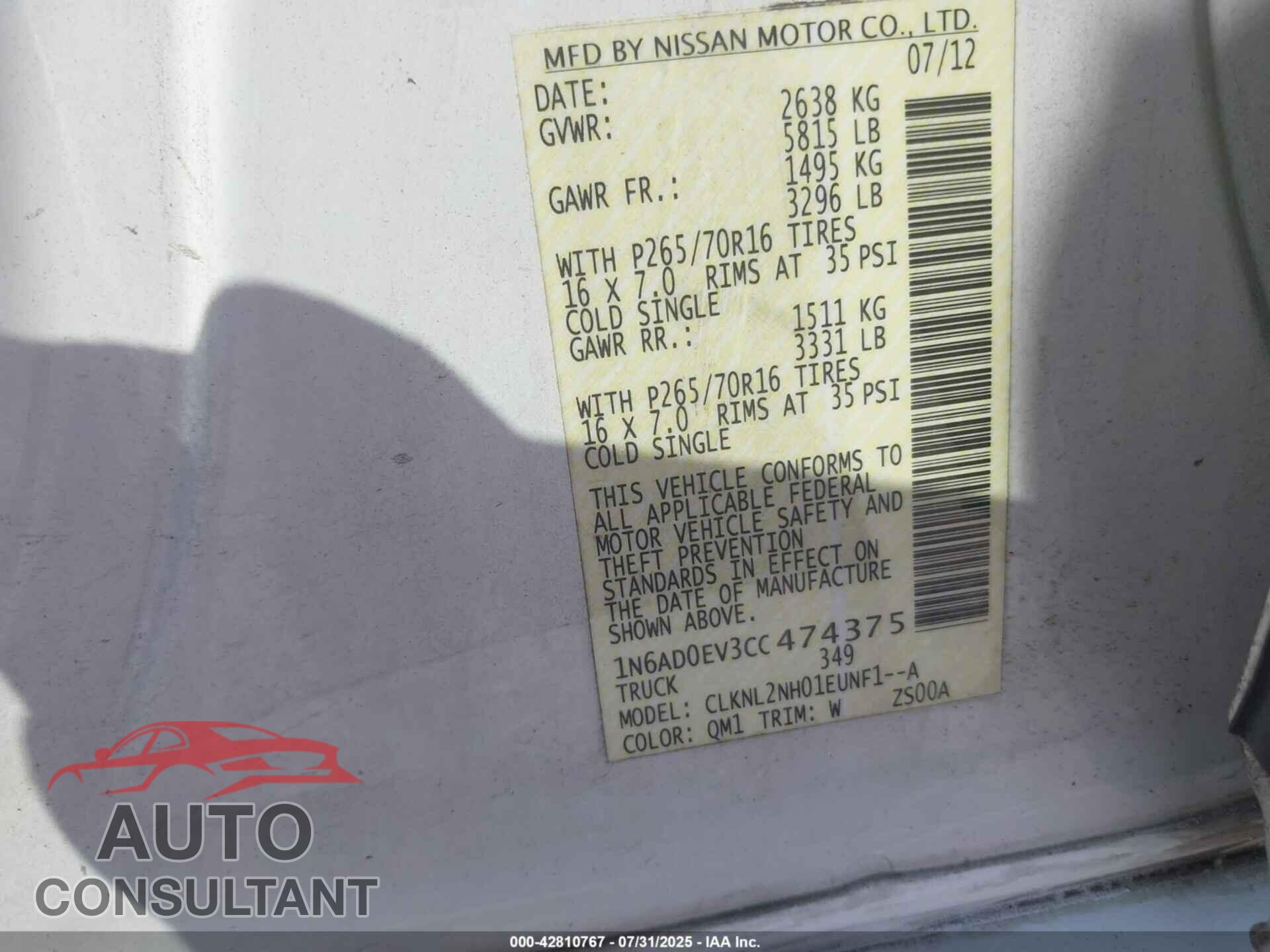 NISSAN FRONTIER 2012 - 1N6AD0EV3CC474375