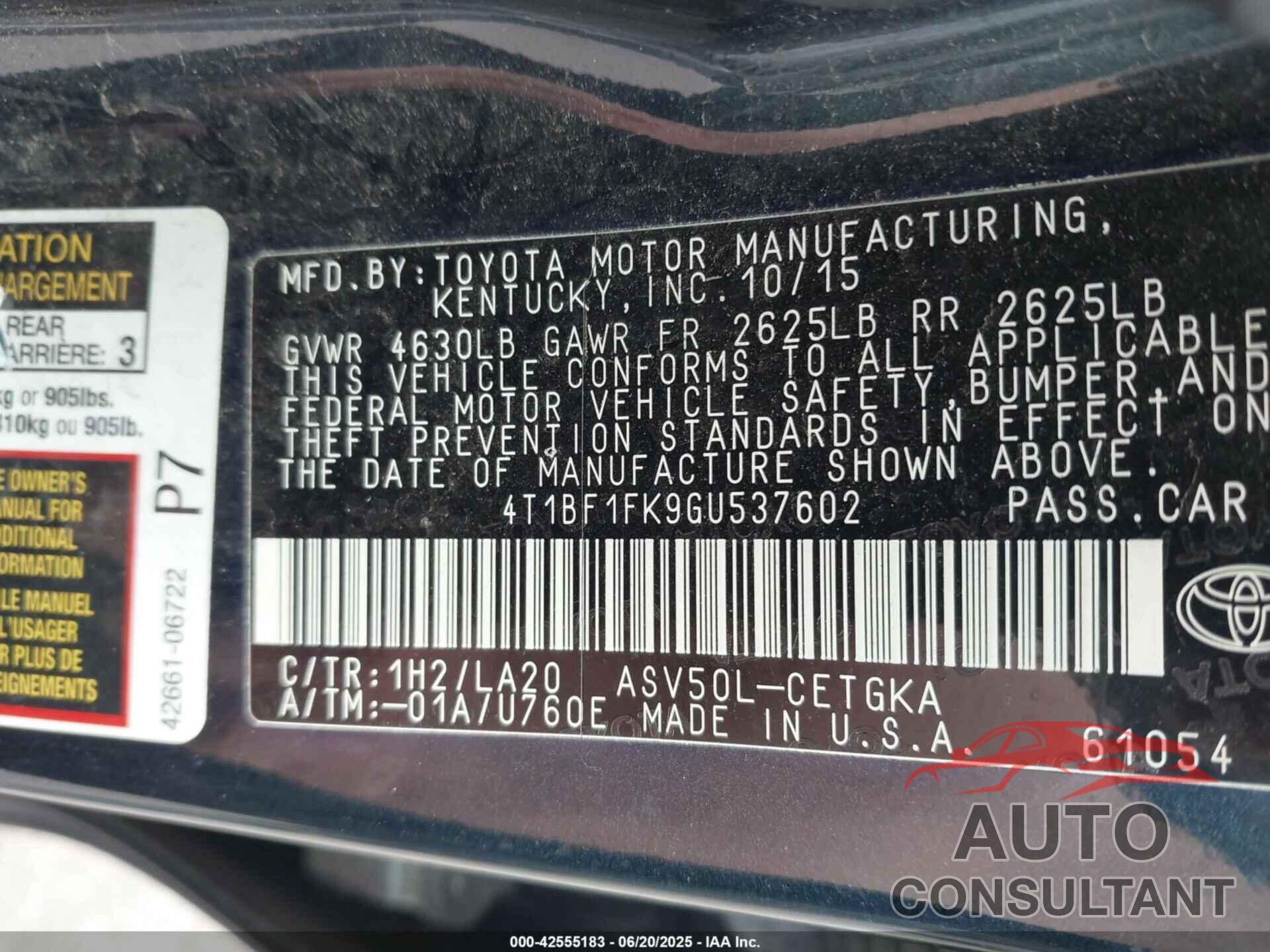 TOYOTA CAMRY 2016 - 4T1BF1FK9GU537602