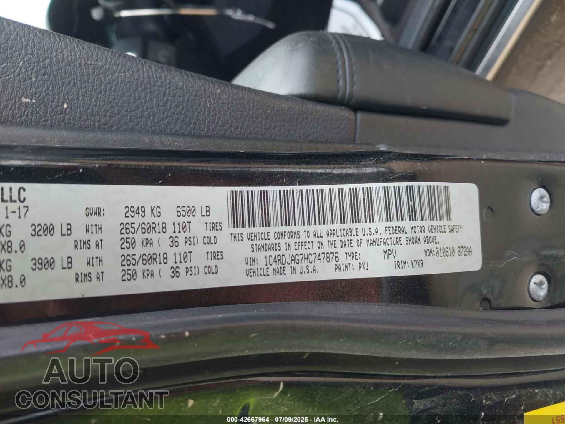 DODGE DURANGO 2017 - 1C4RDJAG7HC747876