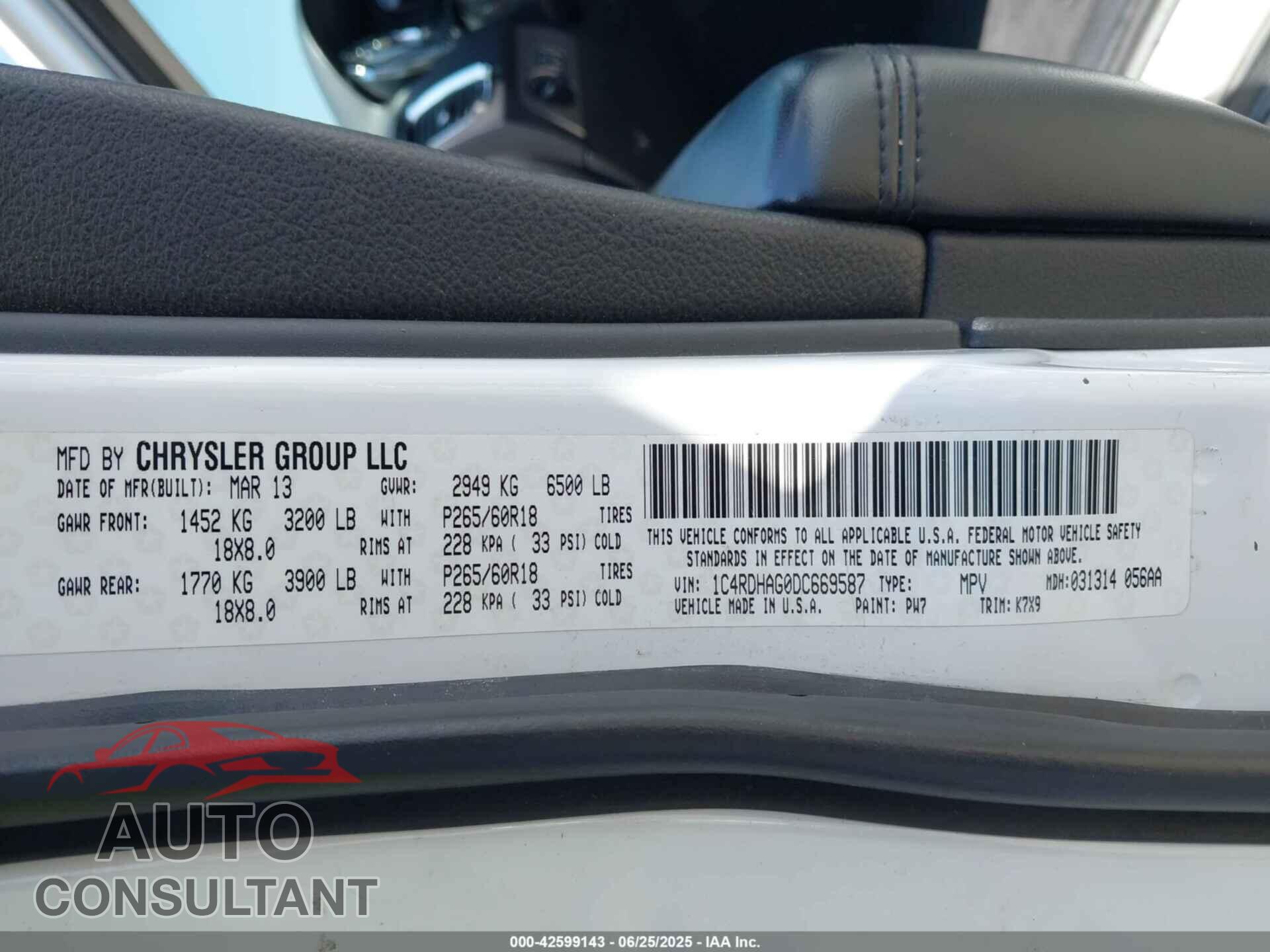 DODGE DURANGO 2013 - 1C4RDHAG0DC669587