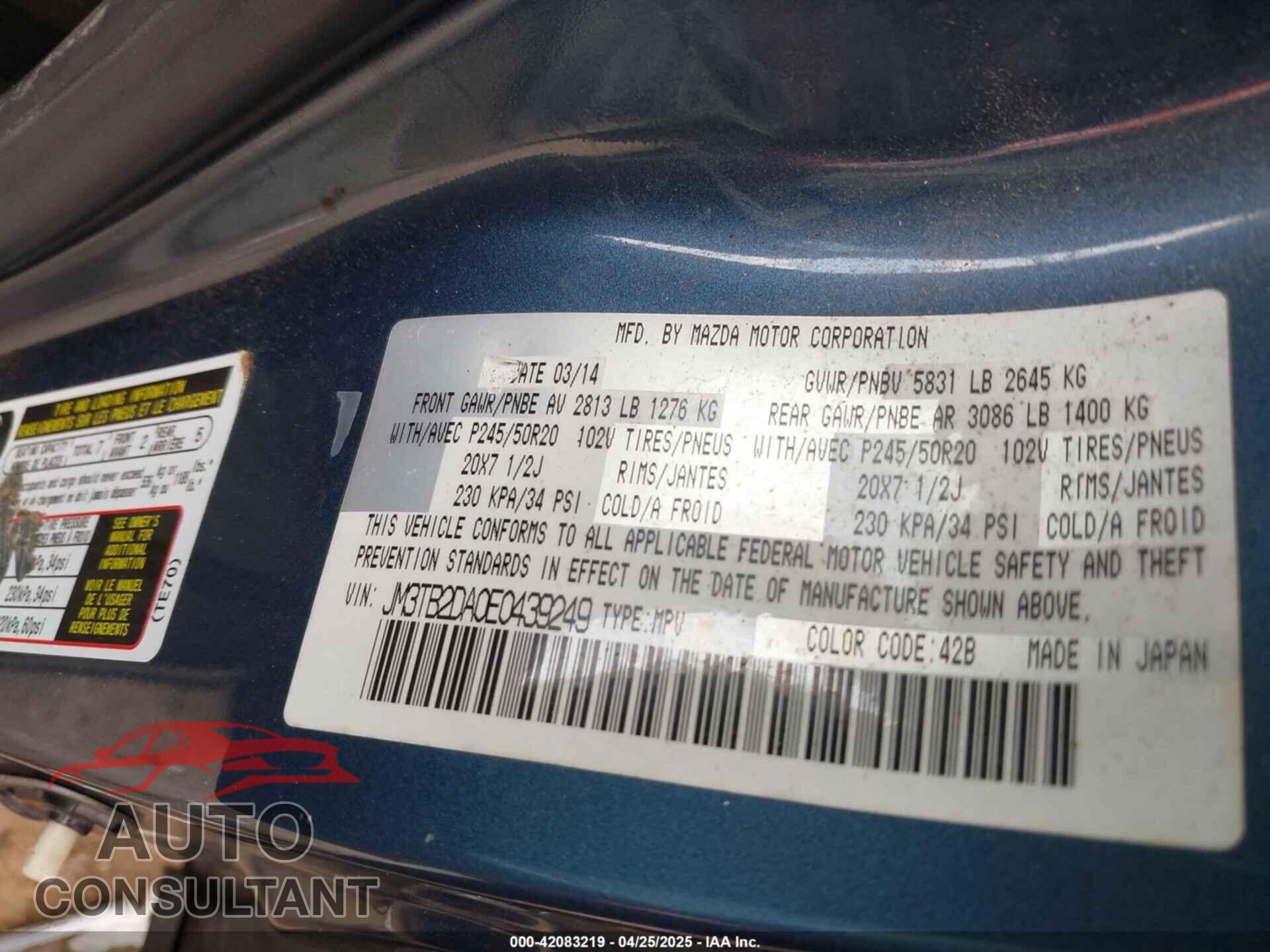 MAZDA CX-9 2014 - JM3TB2DA0E0439249