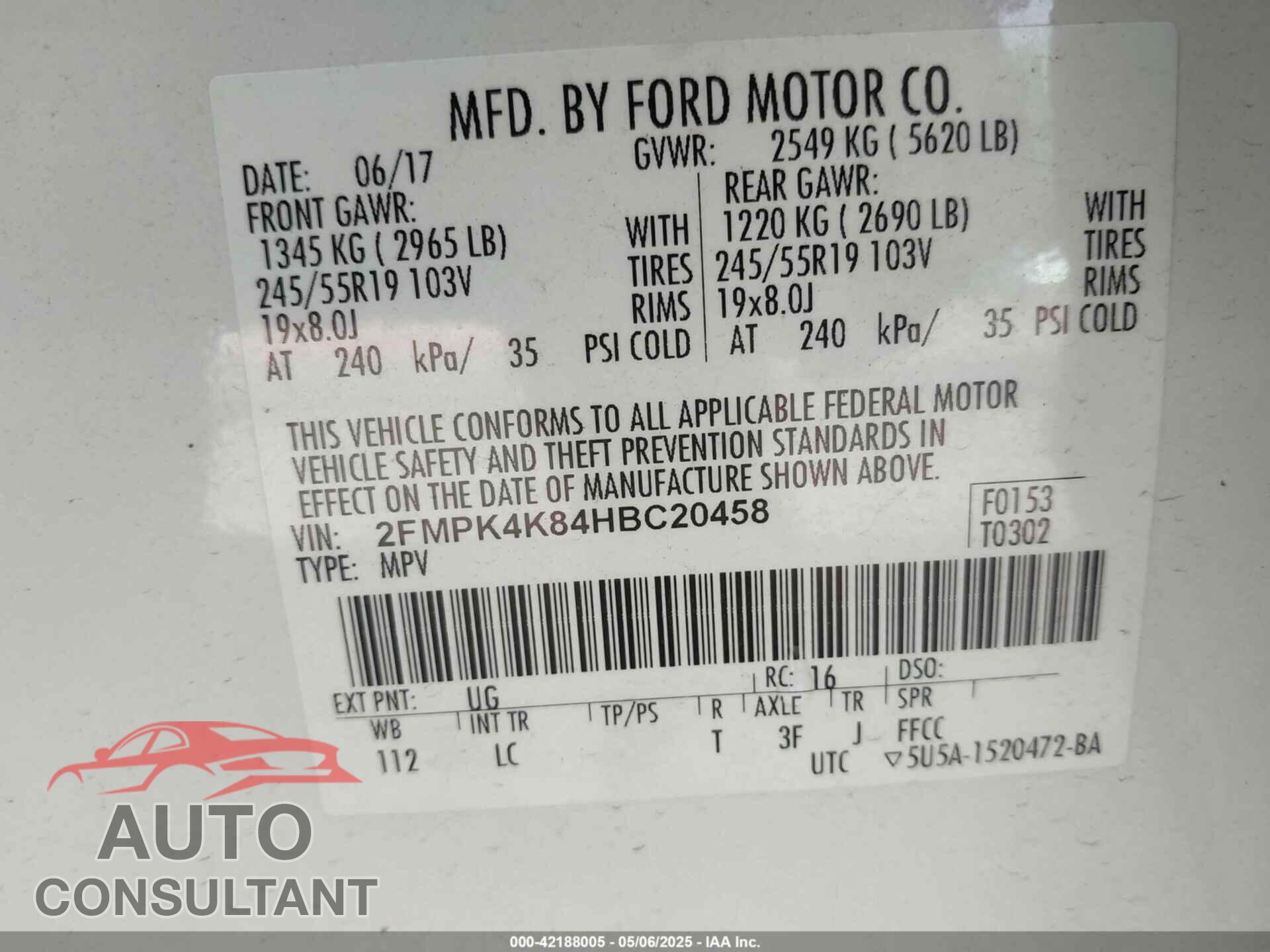FORD EDGE 2017 - 2FMPK4K84HBC20458