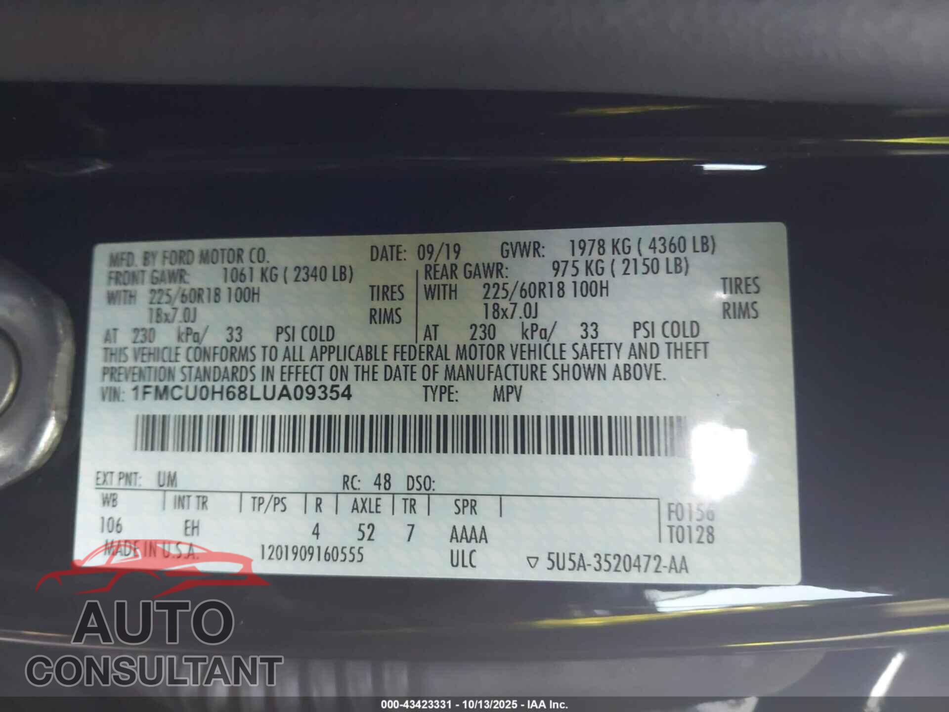 FORD ESCAPE 2020 - 1FMCU0H68LUA09354